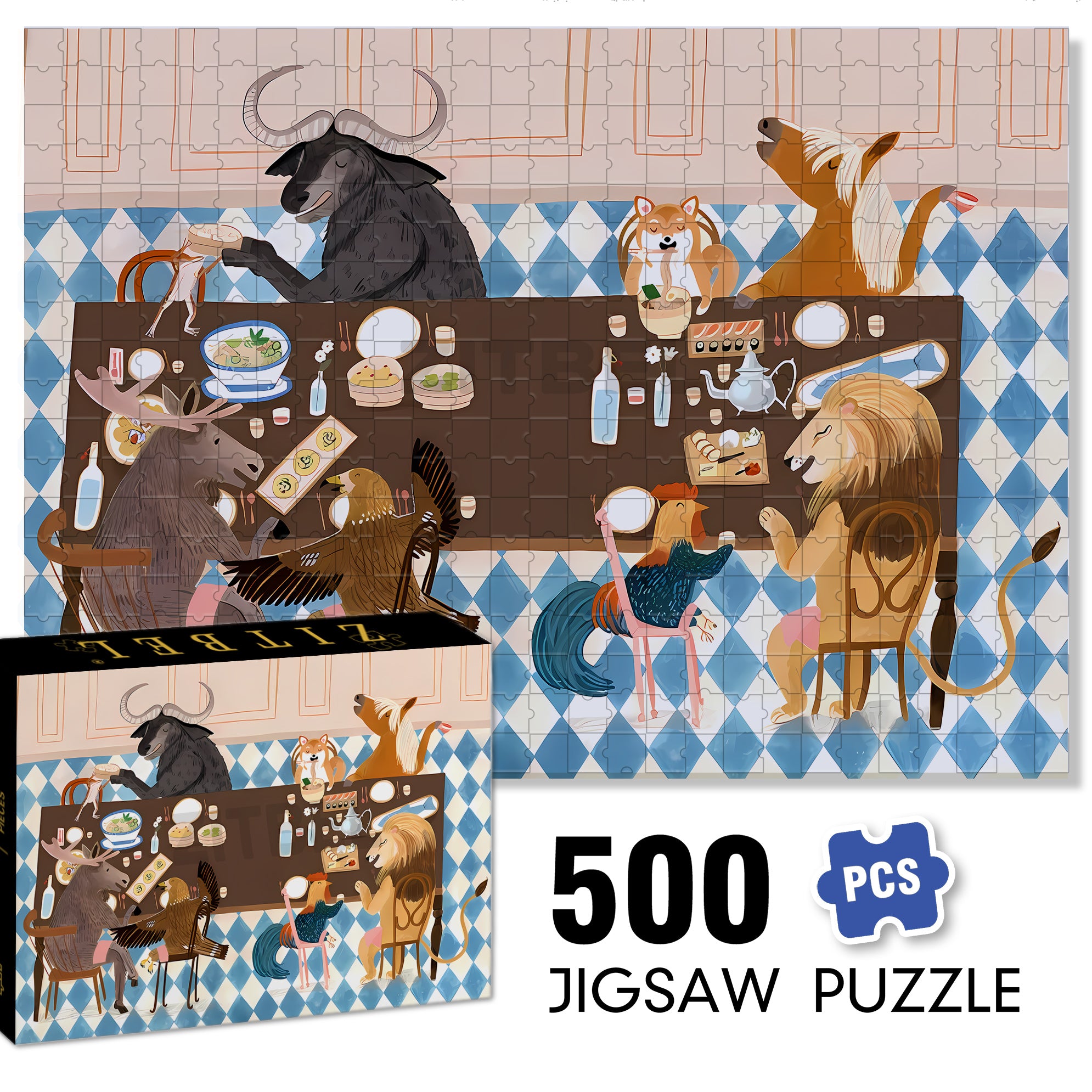 Animal Restaurant 500pcs/1000pcs Jigsaw Puzzle, Scratch-Resistant, Interactive Family Game & Brain-Boosting DIY Decor, Perfect for Halloween, Christmas & New Year Gifts, Family Puzzle Game