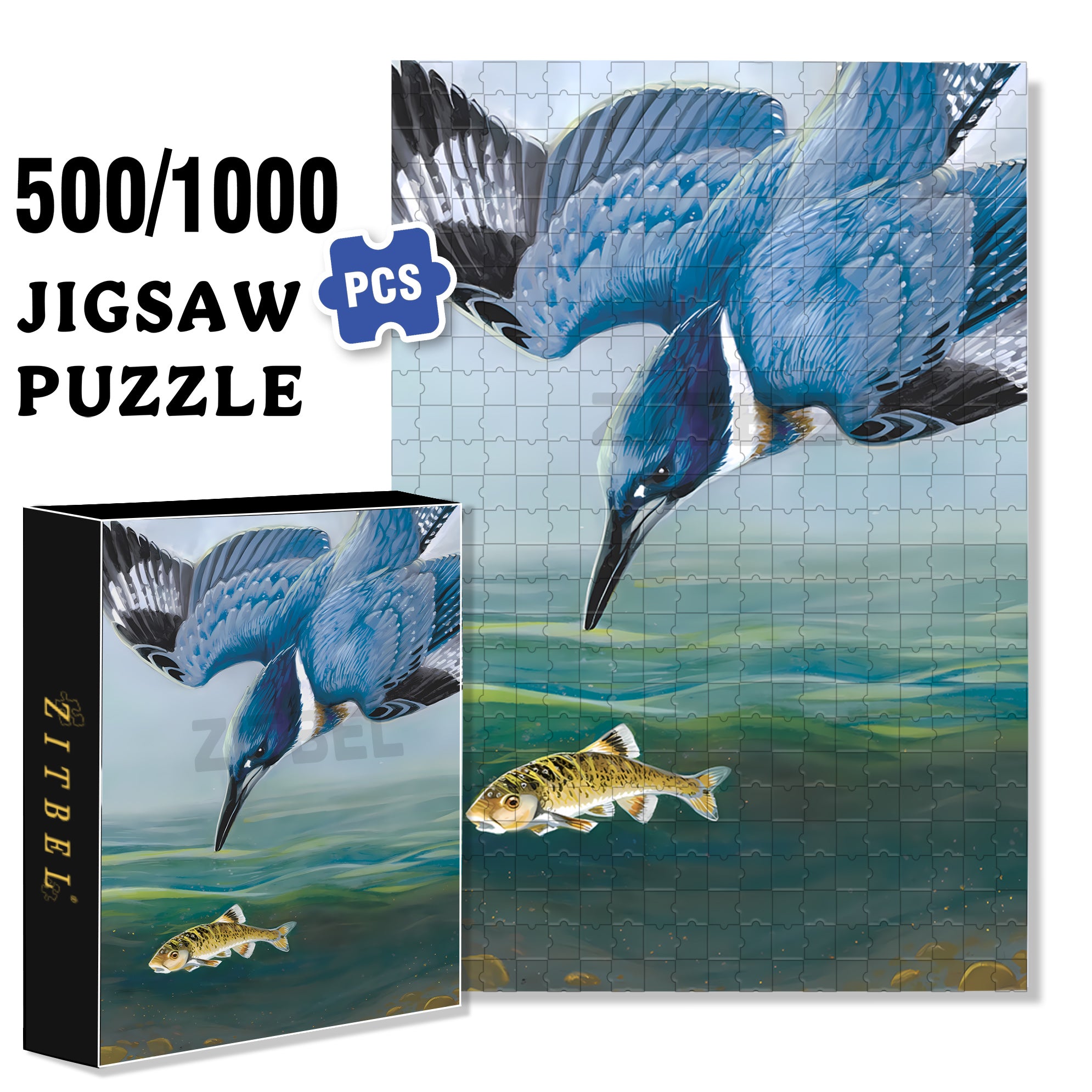 Belted Kingfisher 500pcs/1000pcs Jigsaw Puzzle, Scratch-Resistant, Interactive Family Game & Brain-Boosting DIY Decor, Perfect for Halloween, Christmas & New Year Gifts, Family Puzzle Game