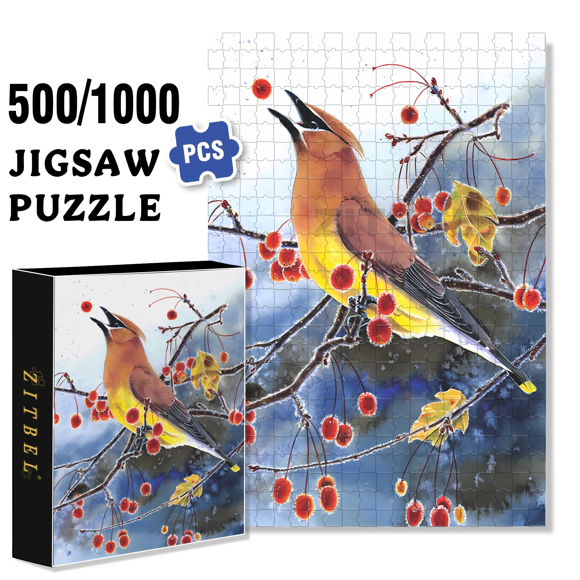 Cedar Waxwing Mini 500pcs/1000pcs Jigsaw Puzzle, Scratch-Resistant, Interactive Family Game & Brain-Boosting DIY Decor, Perfect for Halloween, Christmas & New Year Gifts, Family Puzzle Game