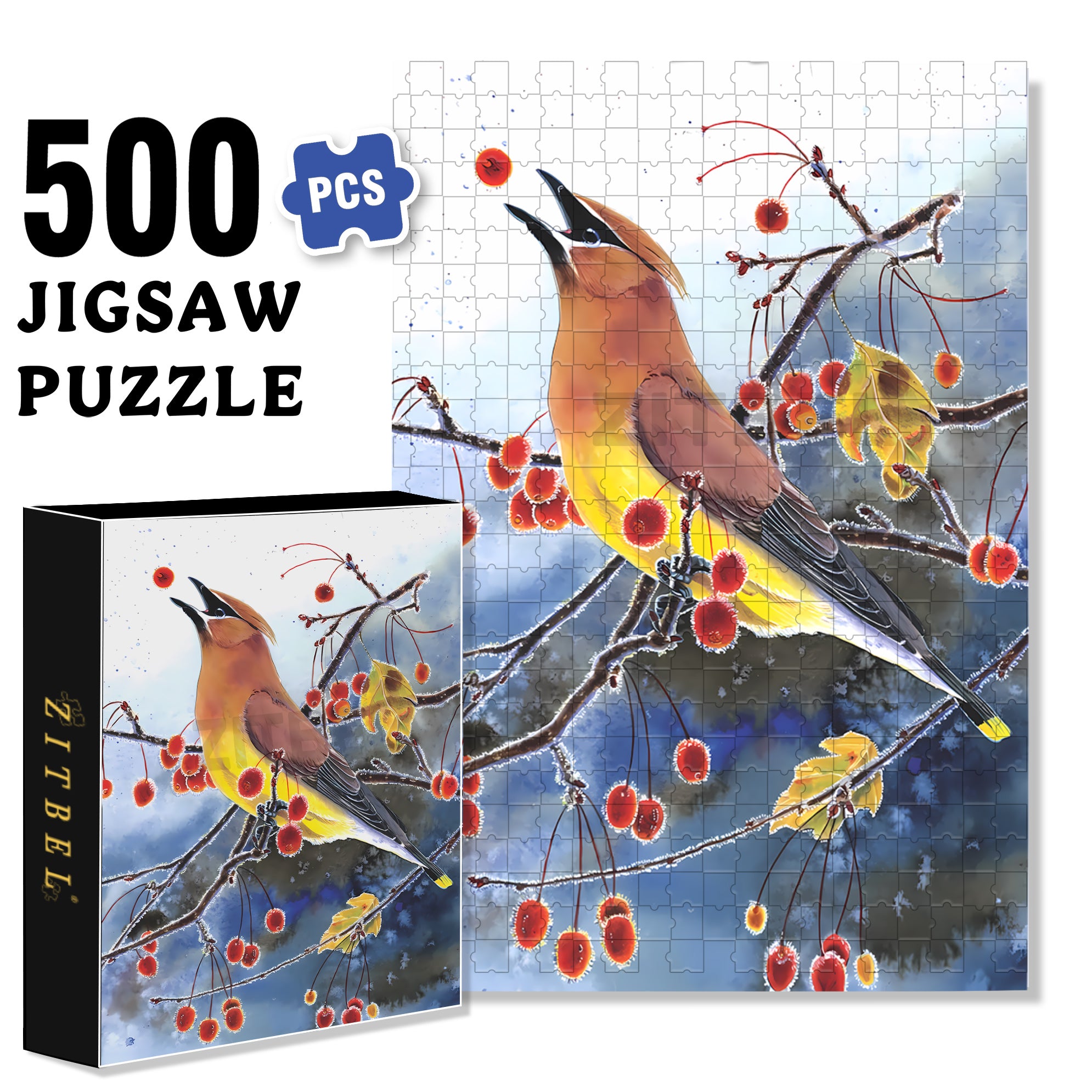 Cedar Waxwing Mini 500pcs/1000pcs Jigsaw Puzzle, Scratch-Resistant, Interactive Family Game & Brain-Boosting DIY Decor, Perfect for Halloween, Christmas & New Year Gifts, Family Puzzle Game