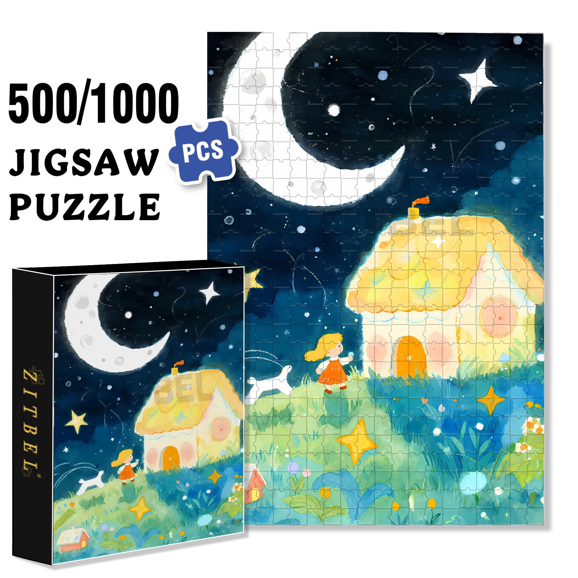Crescent Moon 500pcs/1000pcs Jigsaw Puzzle, Scratch-Resistant, Interactive Family Game & Brain-Boosting DIY Decor, Perfect for Halloween, Christmas & New Year Gifts, Family Puzzle Game