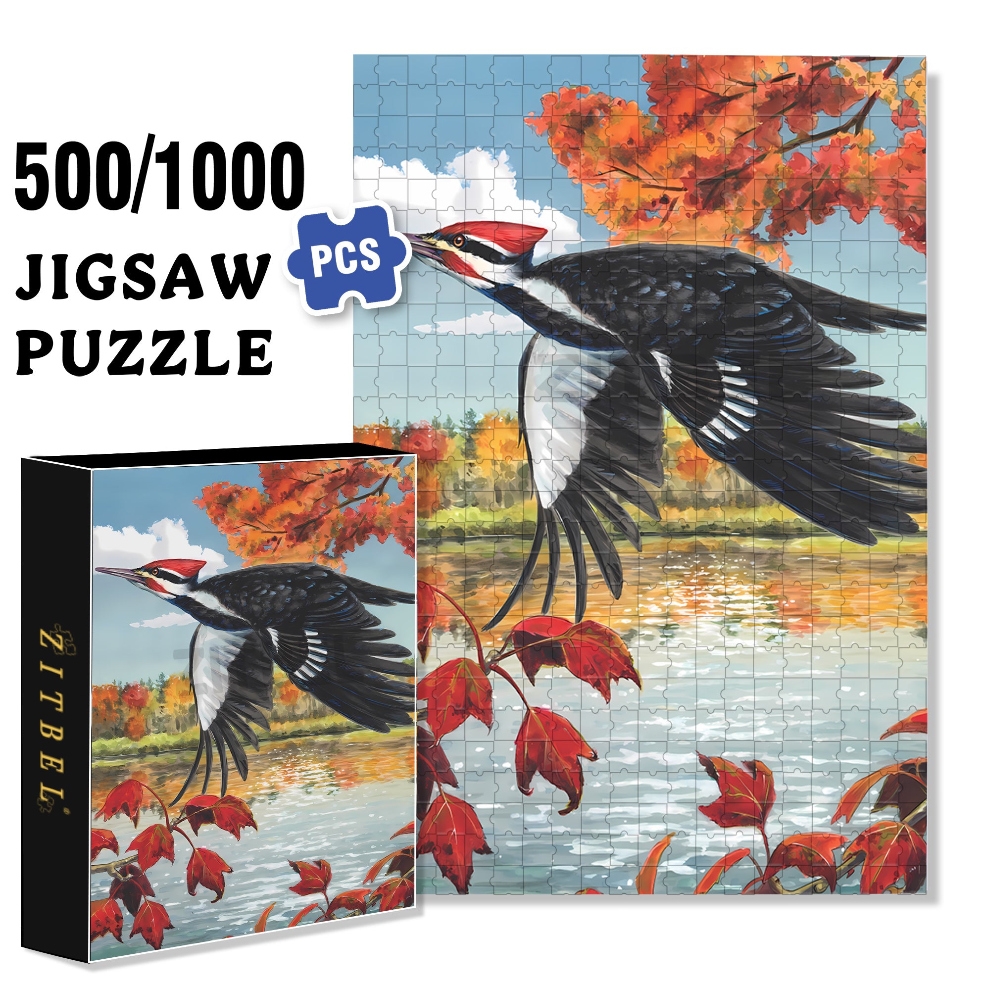 Pileated Woodpecker Mini 500pcs/1000pcs Jigsaw Puzzle, Scratch-Resistant, Interactive Family Game & Brain-Boosting DIY Decor, Perfect for Halloween, Christmas & New Year Gifts, Family Puzzle Game