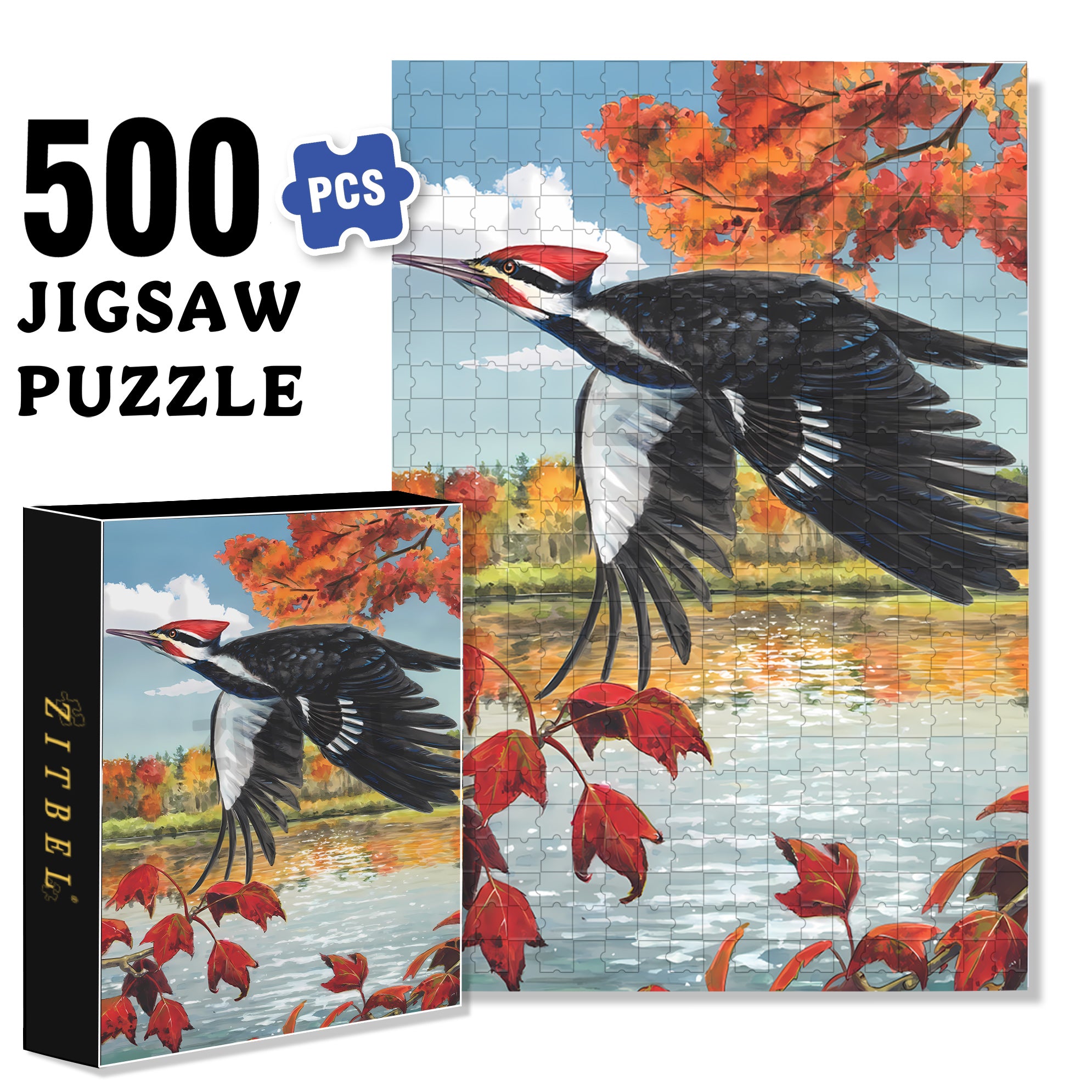 Pileated Woodpecker Mini 500pcs/1000pcs Jigsaw Puzzle, Scratch-Resistant, Interactive Family Game & Brain-Boosting DIY Decor, Perfect for Halloween, Christmas & New Year Gifts, Family Puzzle Game