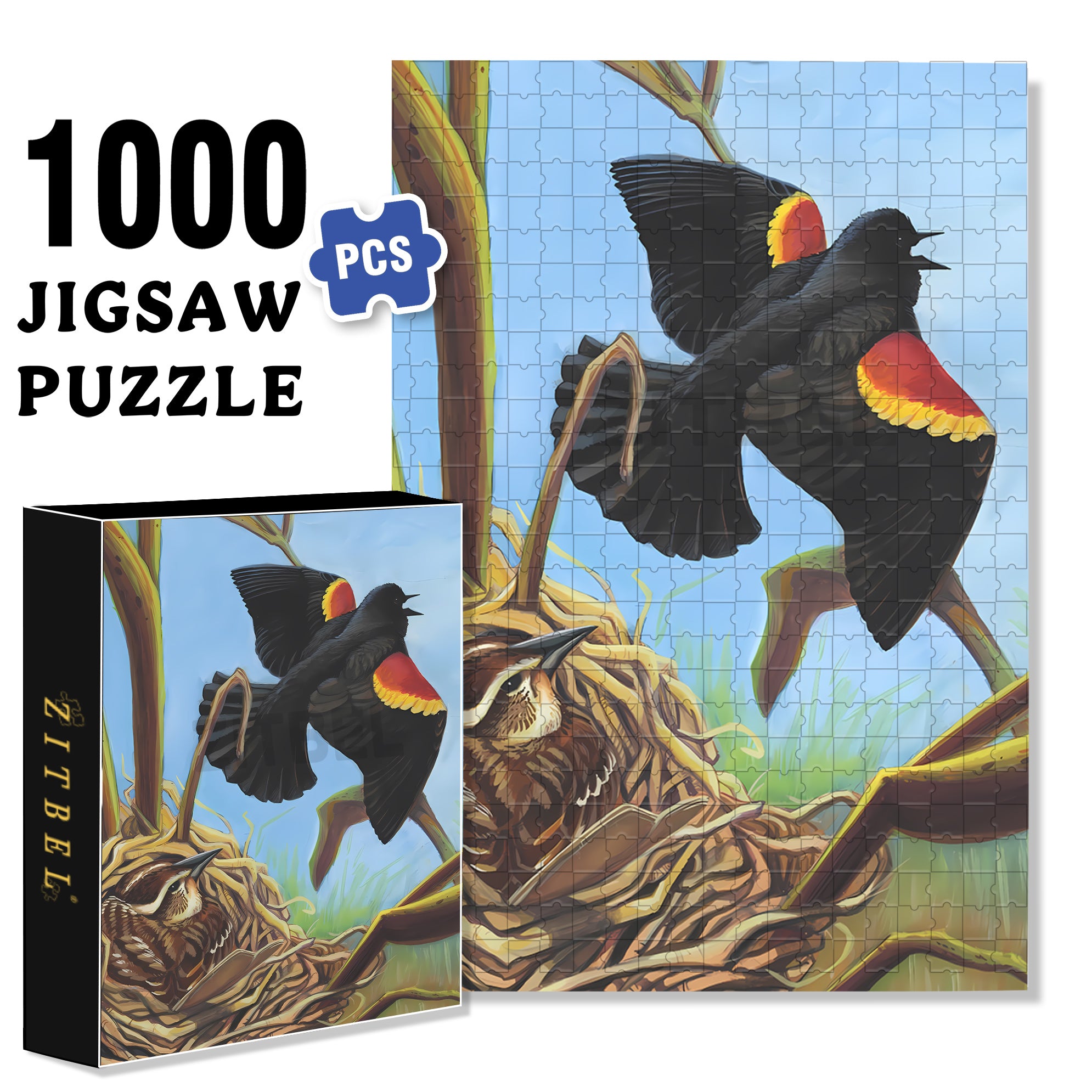 Red-winged Blackbird 500pcs/1000pcs Jigsaw Puzzle, Scratch-Resistant, Interactive Family Game & Brain-Boosting DIY Decor, Perfect for Halloween, Christmas & New Year Gifts, Family Puzzle Game