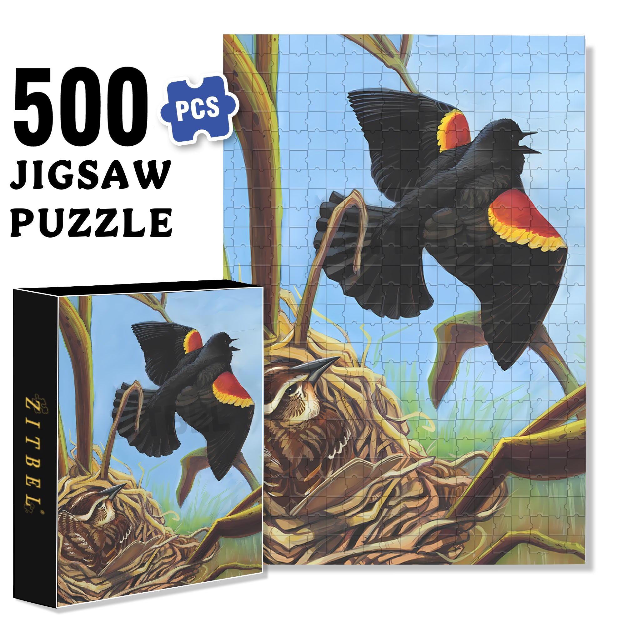 Red-winged Blackbird 500pcs/1000pcs Jigsaw Puzzle, Scratch-Resistant, Interactive Family Game & Brain-Boosting DIY Decor, Perfect for Halloween, Christmas & New Year Gifts, Family Puzzle Game