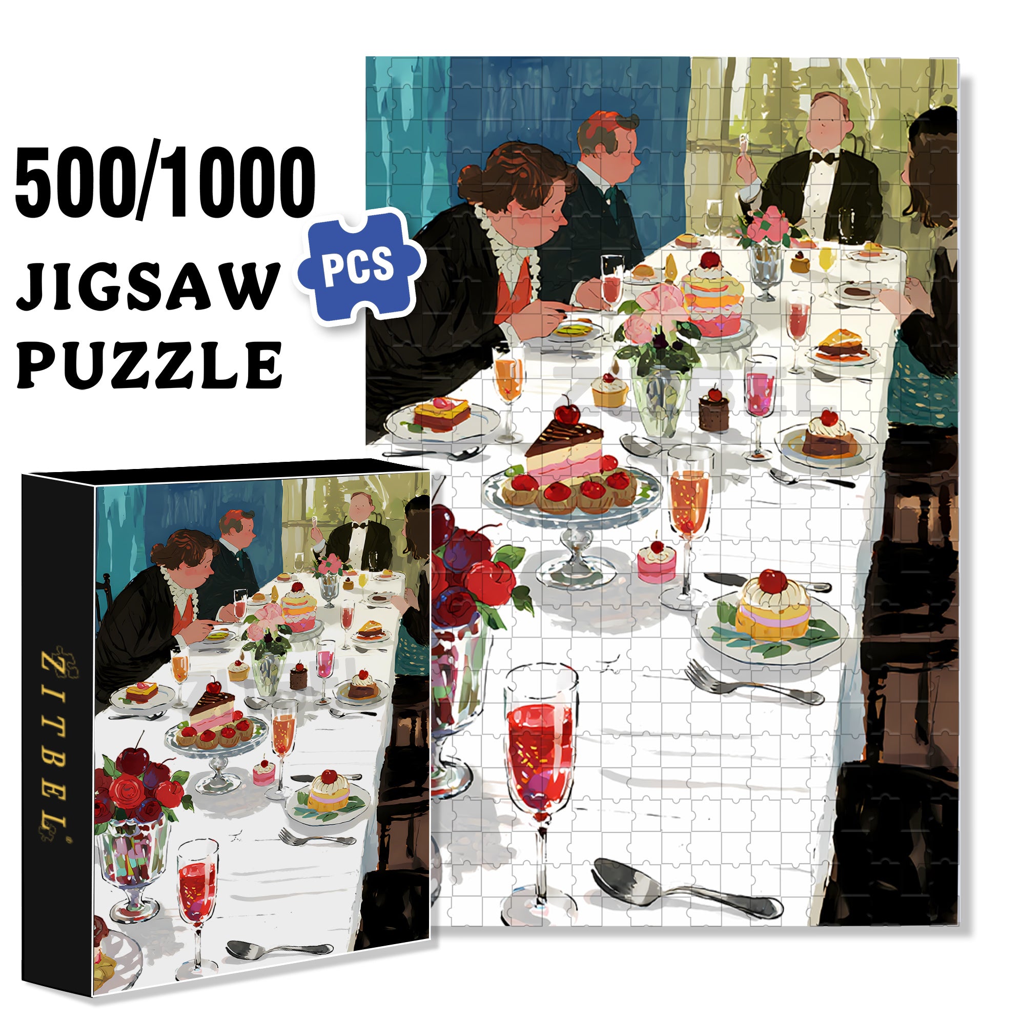 Dinner Party 500pcs/1000pcs Jigsaw Puzzle, Scratch-Resistant, Interactive Family Game & Brain-Boosting DIY Decor, Perfect for Halloween, Christmas & New Year Gifts, Family Puzzle Game