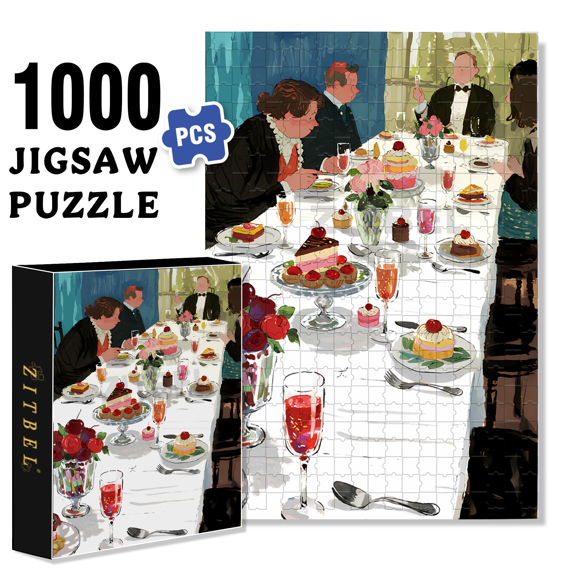 Dinner Party 500pcs/1000pcs Jigsaw Puzzle, Scratch-Resistant, Interactive Family Game & Brain-Boosting DIY Decor, Perfect for Halloween, Christmas & New Year Gifts, Family Puzzle Game