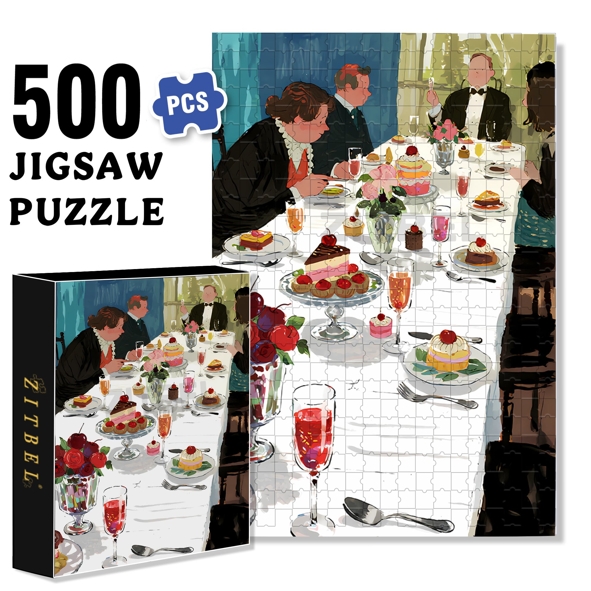Dinner Party 500pcs/1000pcs Jigsaw Puzzle, Scratch-Resistant, Interactive Family Game & Brain-Boosting DIY Decor, Perfect for Halloween, Christmas & New Year Gifts, Family Puzzle Game