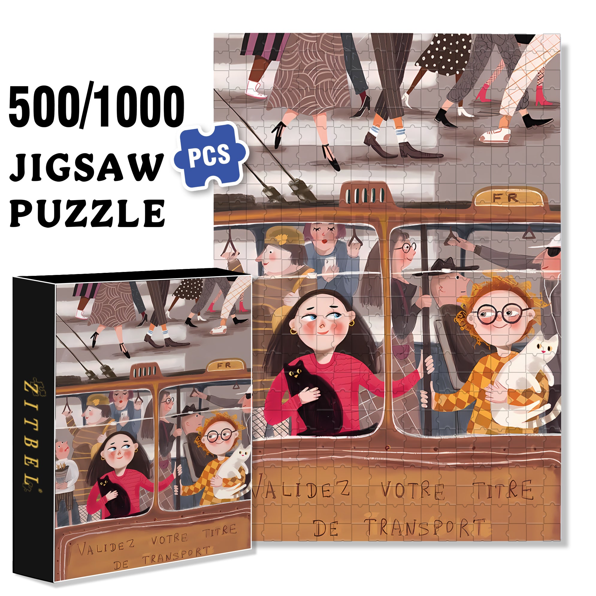 On The Bus 500pcs/1000pcs Jigsaw Puzzle, Scratch-Resistant, Interactive Family Game & Brain-Boosting DIY Decor, Perfect for Halloween, Christmas & New Year Gifts, Family Puzzle Game