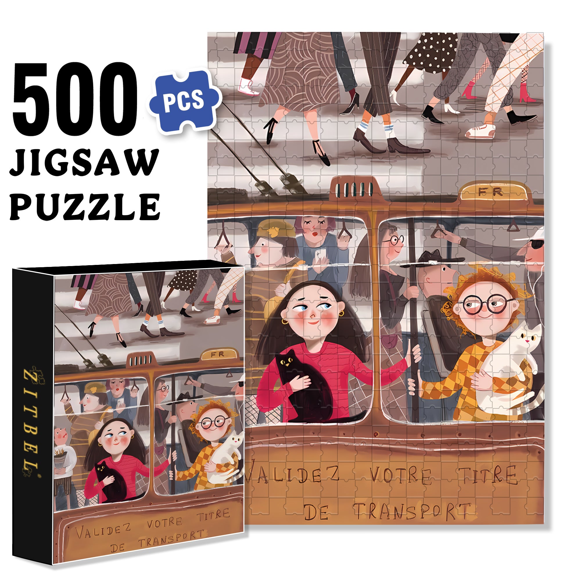 On The Bus 500pcs/1000pcs Jigsaw Puzzle, Scratch-Resistant, Interactive Family Game & Brain-Boosting DIY Decor, Perfect for Halloween, Christmas & New Year Gifts, Family Puzzle Game