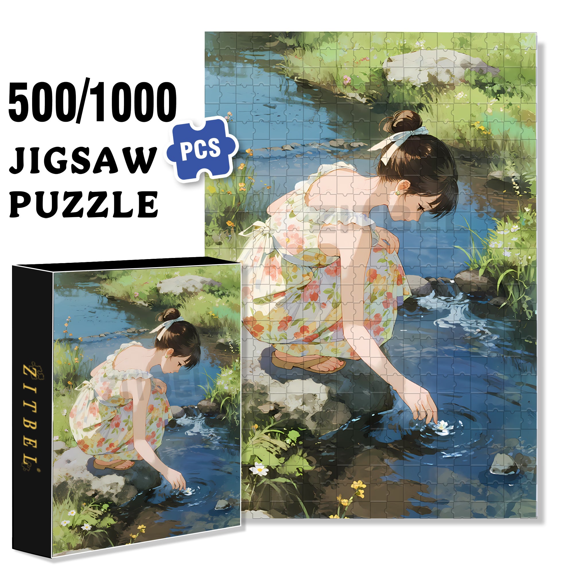 Falling Flowers And Flowing Water 500pcs/1000pcs Jigsaw Puzzle, Scratch-Resistant, Interactive Family Game & Brain-Boosting DIY Decor, Perfect for Halloween, Christmas & New Year Gifts, Family Puzzle Game
