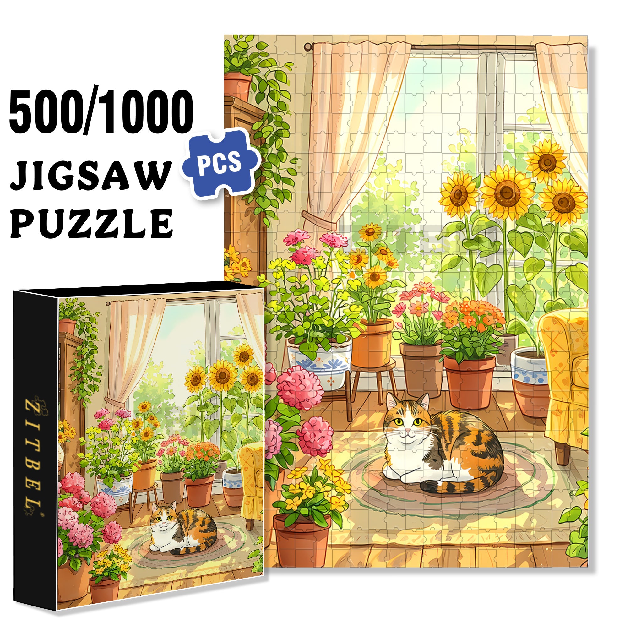 Flowers & Cat 500pcs/1000pcs Jigsaw Puzzle, Scratch-Resistant, Interactive Family Game & Brain-Boosting DIY Decor, Perfect for Halloween, Christmas & New Year Gifts, Family Puzzle Game