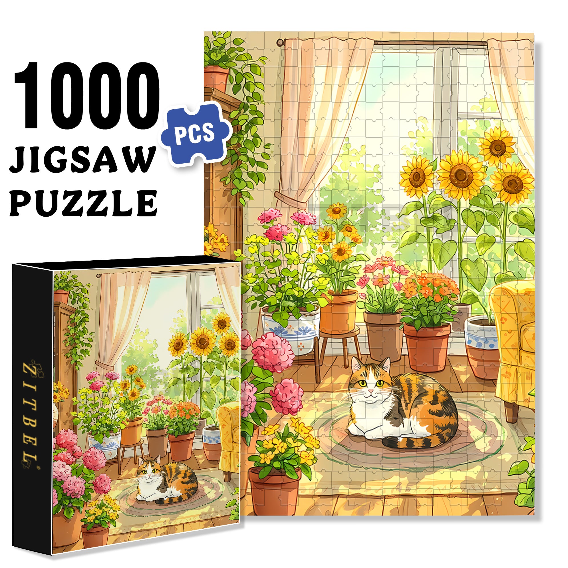 Flowers & Cat 500pcs/1000pcs Jigsaw Puzzle, Scratch-Resistant, Interactive Family Game & Brain-Boosting DIY Decor, Perfect for Halloween, Christmas & New Year Gifts, Family Puzzle Game