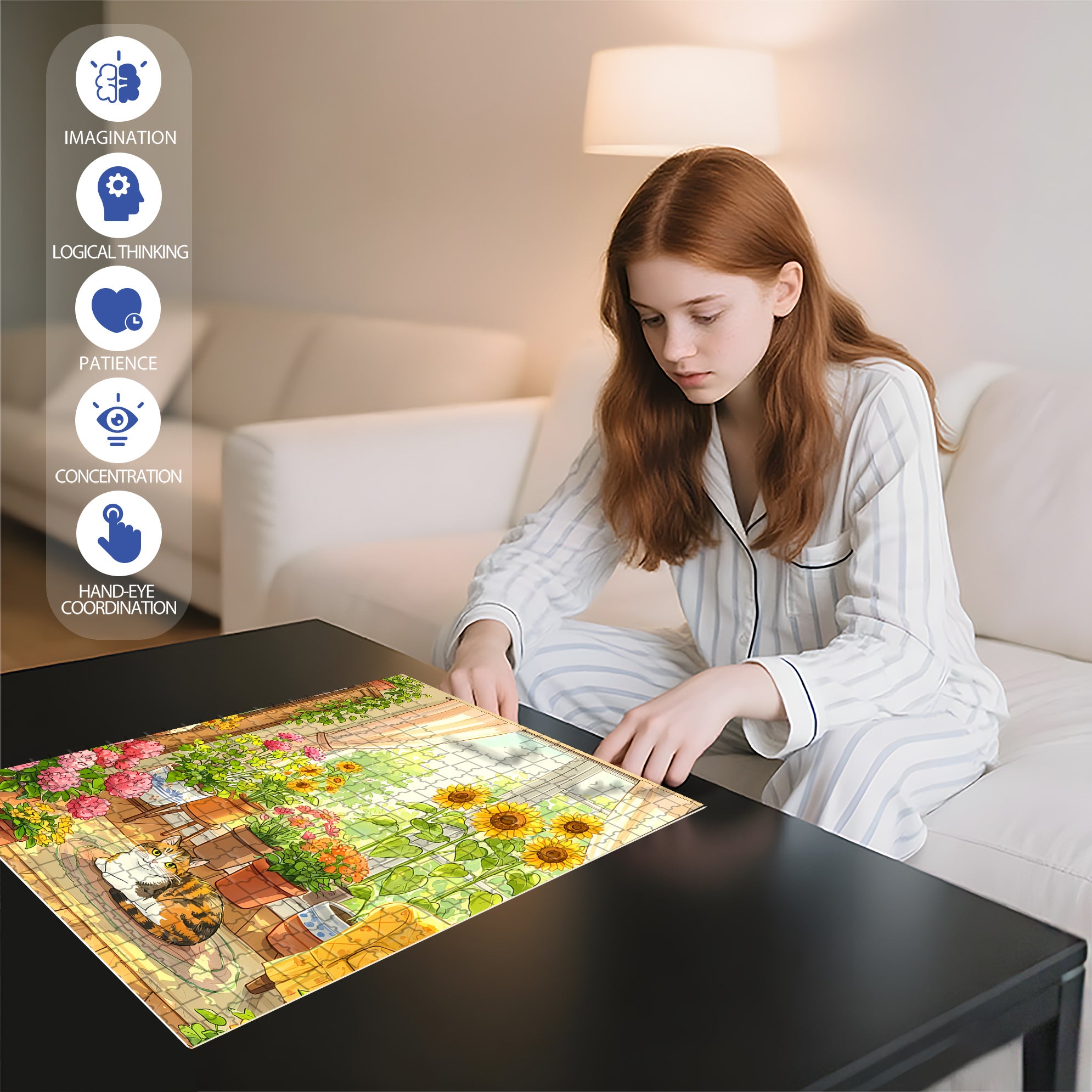 Flowers & Cat 500pcs/1000pcs Jigsaw Puzzle, Scratch-Resistant, Interactive Family Game & Brain-Boosting DIY Decor, Perfect for Halloween, Christmas & New Year Gifts, Family Puzzle Game