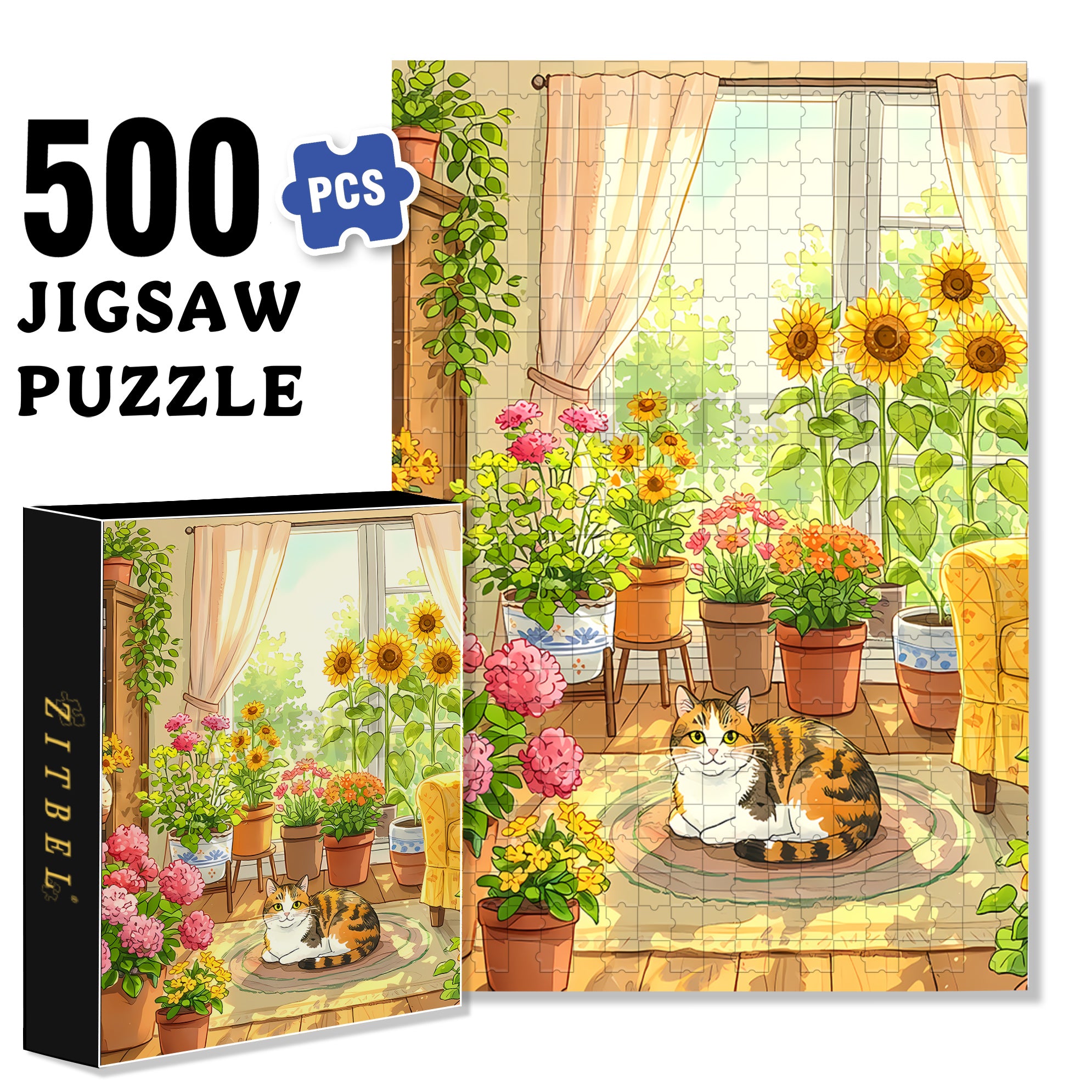 Flowers & Cat 500pcs/1000pcs Jigsaw Puzzle, Scratch-Resistant, Interactive Family Game & Brain-Boosting DIY Decor, Perfect for Halloween, Christmas & New Year Gifts, Family Puzzle Game