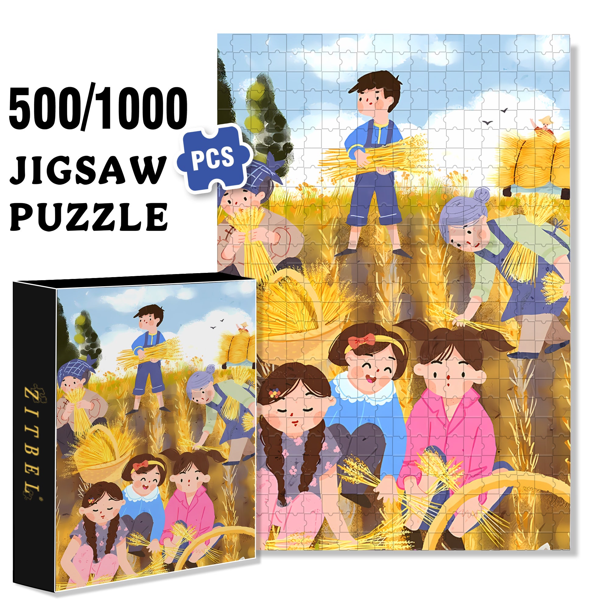 Harvesting Wheat 500pcs/1000pcs Jigsaw Puzzle, Scratch-Resistant, Interactive Family Game & Brain-Boosting DIY Decor, Perfect for Halloween, Christmas & New Year Gifts, Family Puzzle Game