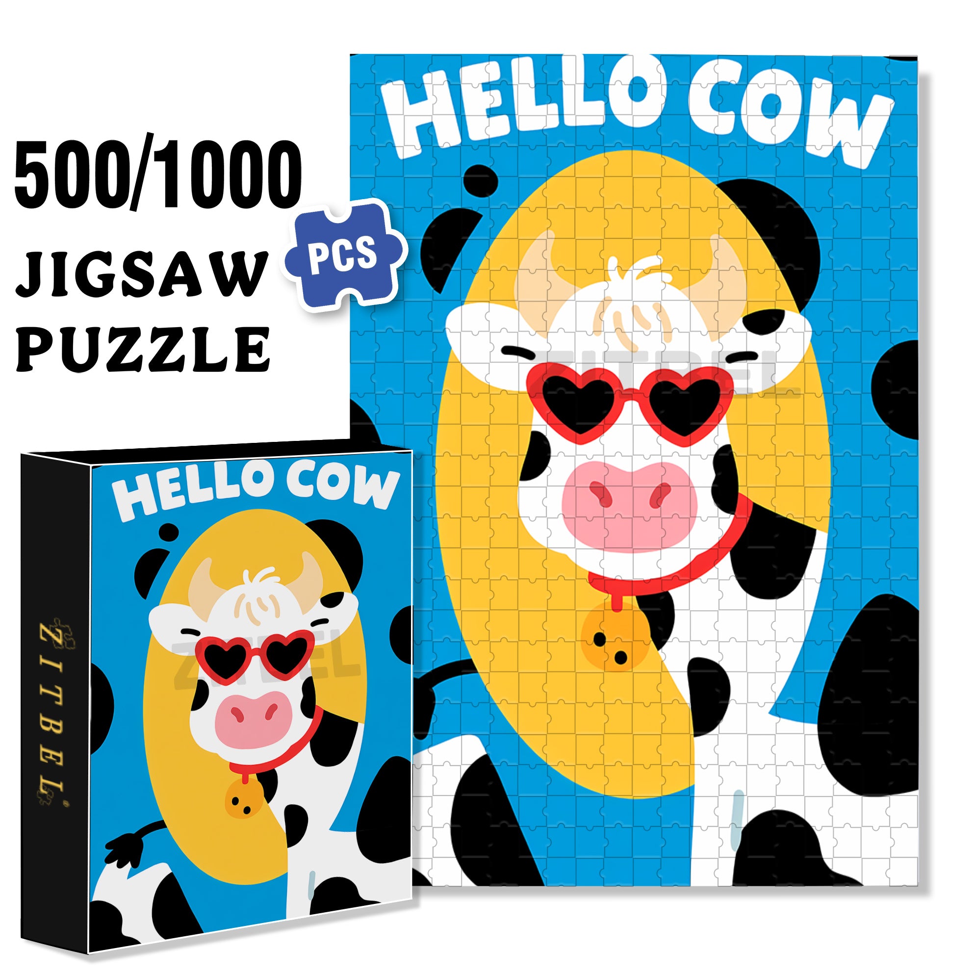 Hello Cow 500pcs/1000pcs Jigsaw Puzzle, Scratch-Resistant, Interactive Family Game & Brain-Boosting DIY Decor, Perfect for Halloween, Christmas & New Year Gifts, Family Puzzle Game