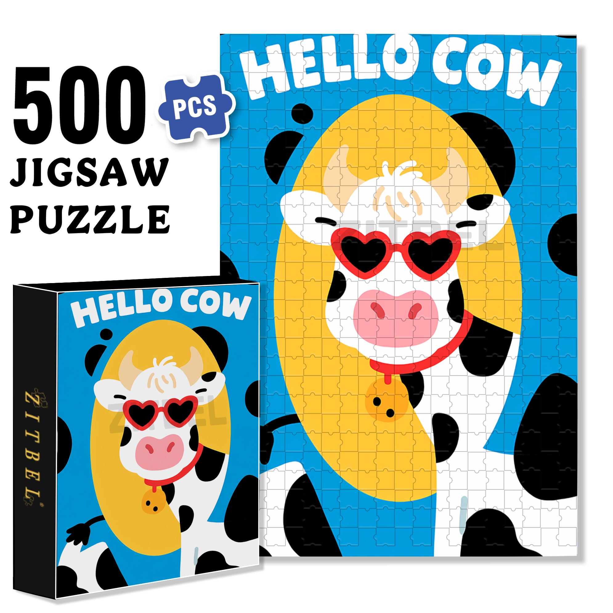 Hello Cow 500pcs/1000pcs Jigsaw Puzzle, Scratch-Resistant, Interactive Family Game & Brain-Boosting DIY Decor, Perfect for Halloween, Christmas & New Year Gifts, Family Puzzle Game