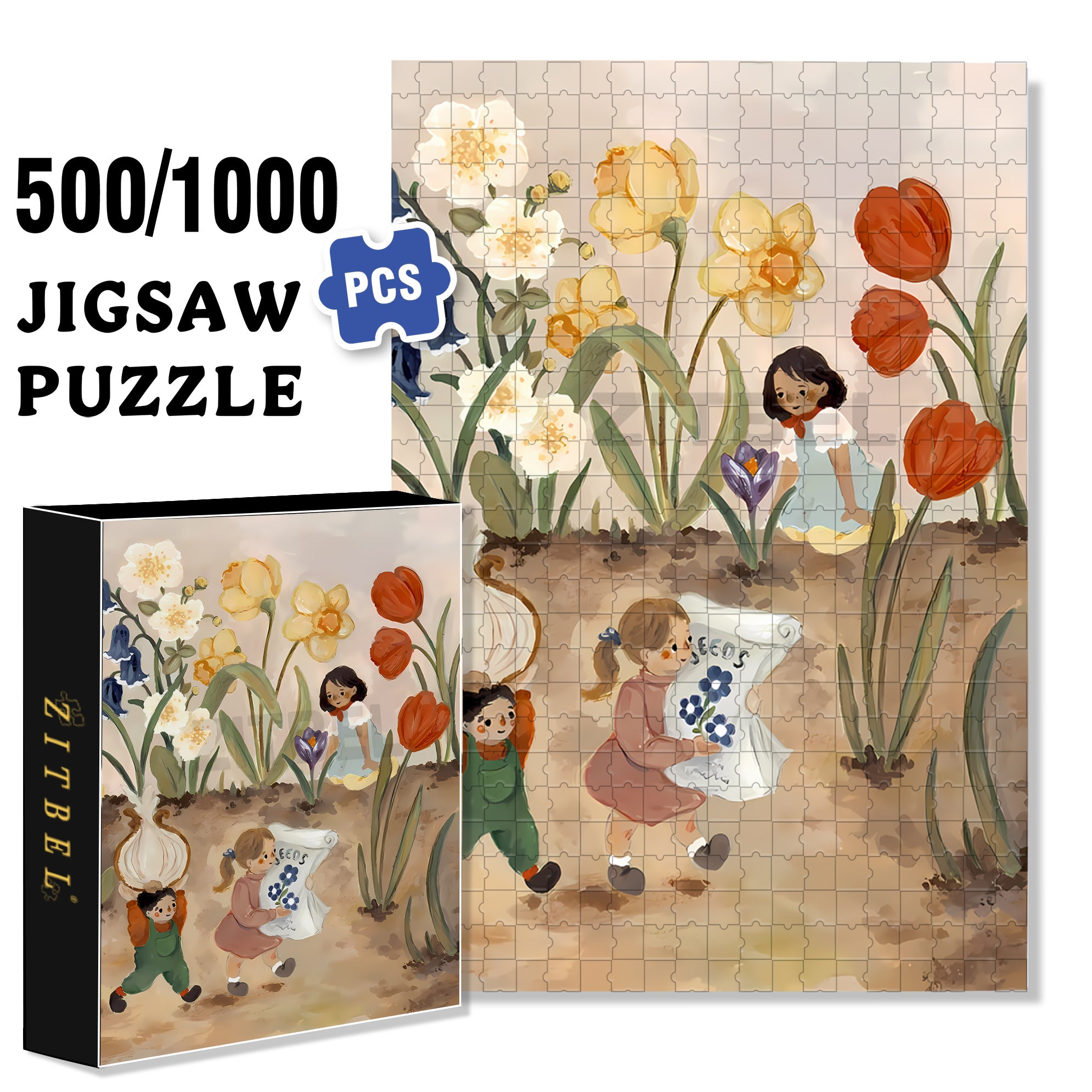 Little Gardeners 500pcs/1000pcs Jigsaw Puzzle, Scratch-Resistant, Interactive Family Game & Brain-Boosting DIY Decor, Perfect for Halloween, Christmas & New Year Gifts, Family Puzzle Game