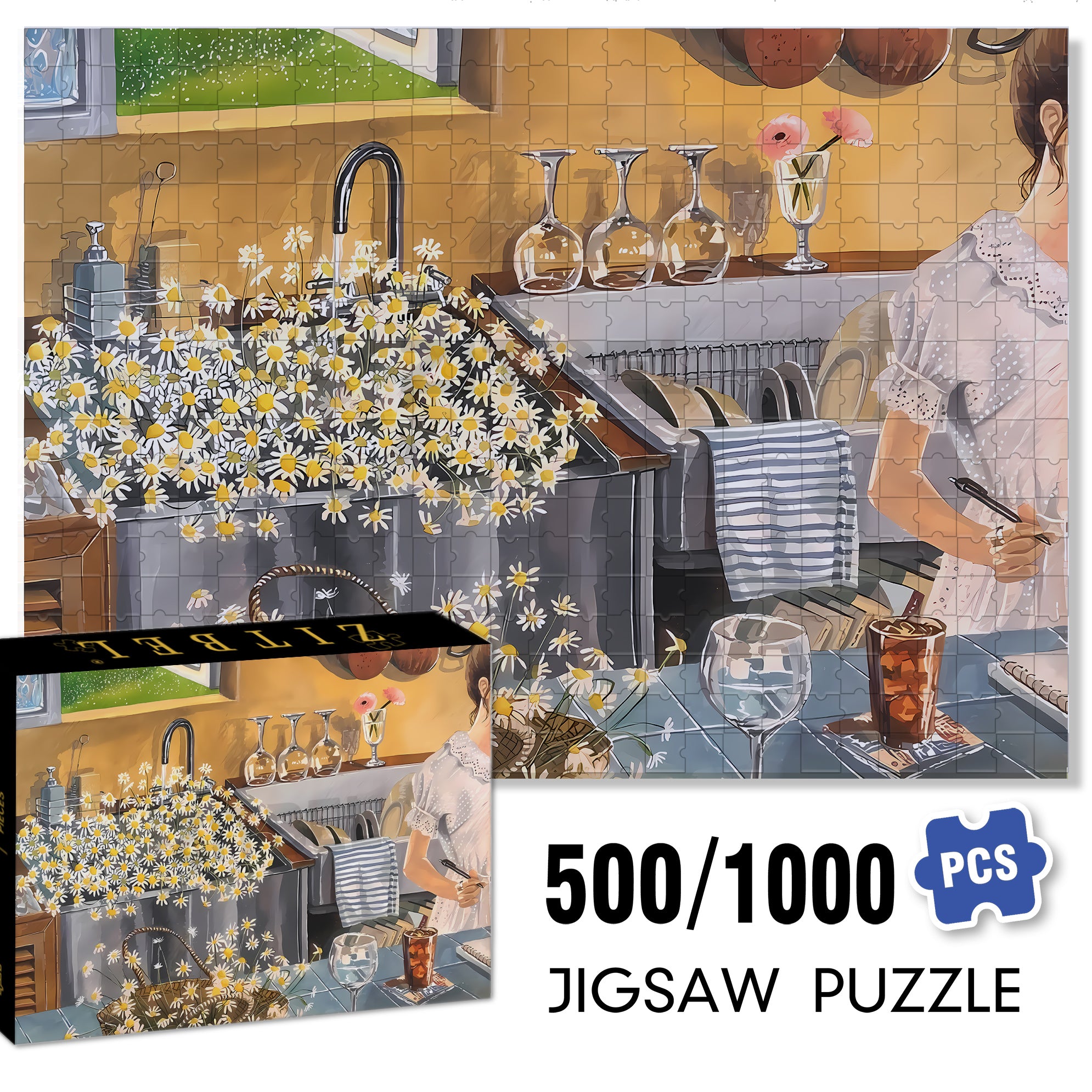Picking Daisies 500pcs/1000pcs Jigsaw Puzzle, Scratch-Resistant, Interactive Family Game & Brain-Boosting DIY Decor, Perfect for Halloween, Christmas & New Year Gifts, Family Puzzle Game