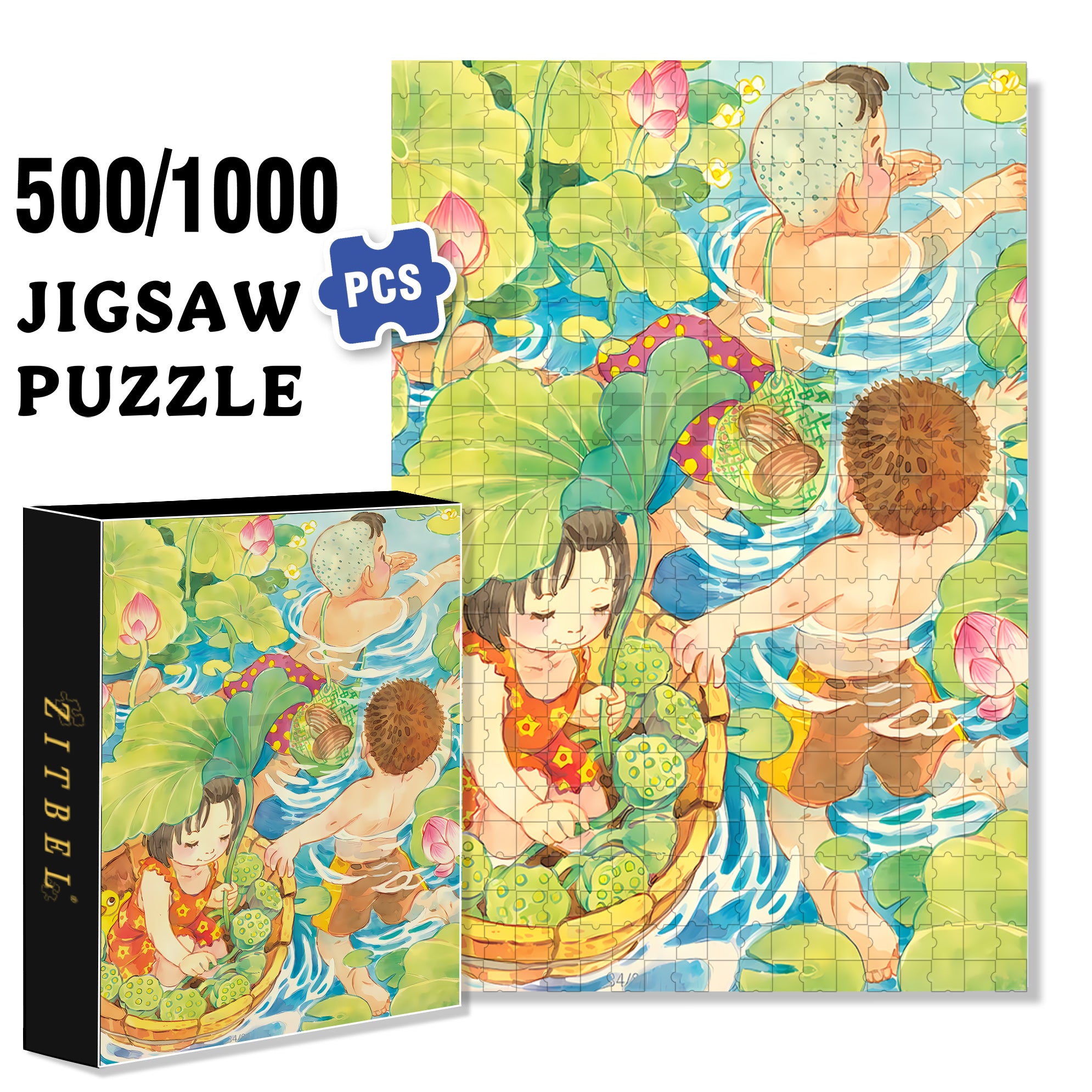 Picking Lotus Seeds 500pcs/1000pcs Jigsaw Puzzle, Scratch-Resistant, Interactive Family Game & Brain-Boosting DIY Decor, Perfect for Halloween, Christmas & New Year Gifts, Family Puzzle Game
