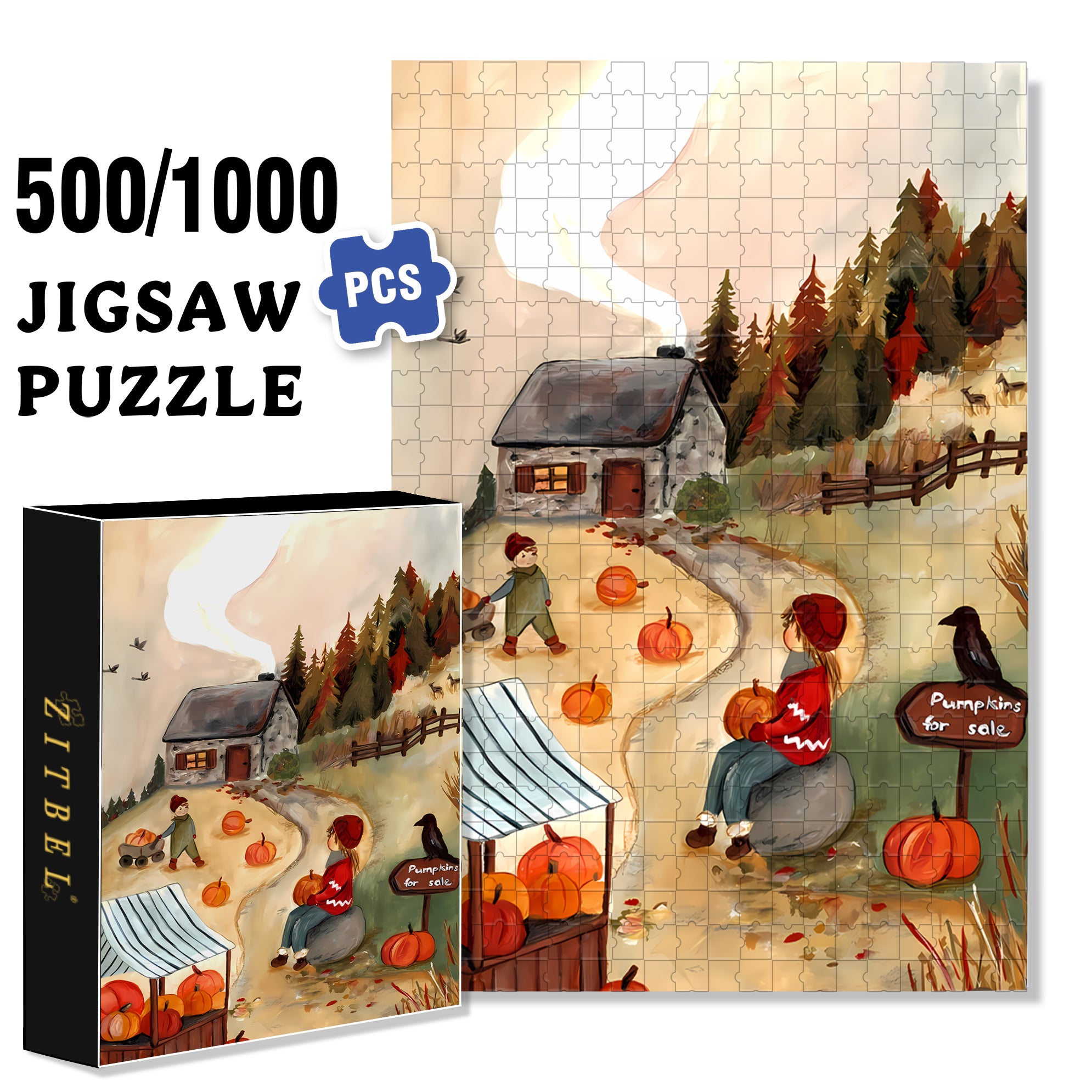 Pumpkins For Sale 500pcs/1000pcs Jigsaw Puzzle, Scratch-Resistant, Interactive Family Game & Brain-Boosting DIY Decor, Perfect for Halloween, Christmas & New Year Gifts, Family Puzzle Game
