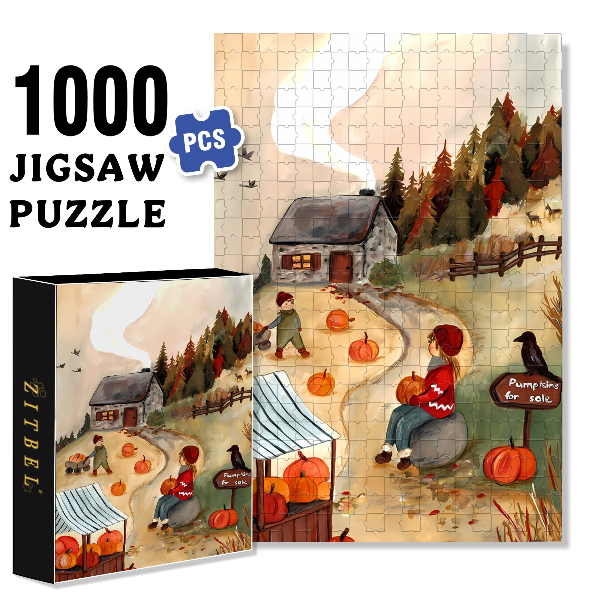 Pumpkins For Sale 500pcs/1000pcs Jigsaw Puzzle, Scratch-Resistant, Interactive Family Game & Brain-Boosting DIY Decor, Perfect for Halloween, Christmas & New Year Gifts, Family Puzzle Game