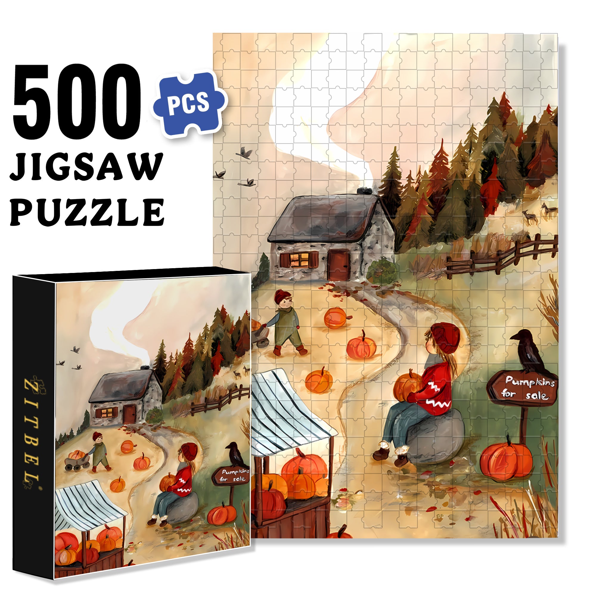 Pumpkins For Sale 500pcs/1000pcs Jigsaw Puzzle, Scratch-Resistant, Interactive Family Game & Brain-Boosting DIY Decor, Perfect for Halloween, Christmas & New Year Gifts, Family Puzzle Game