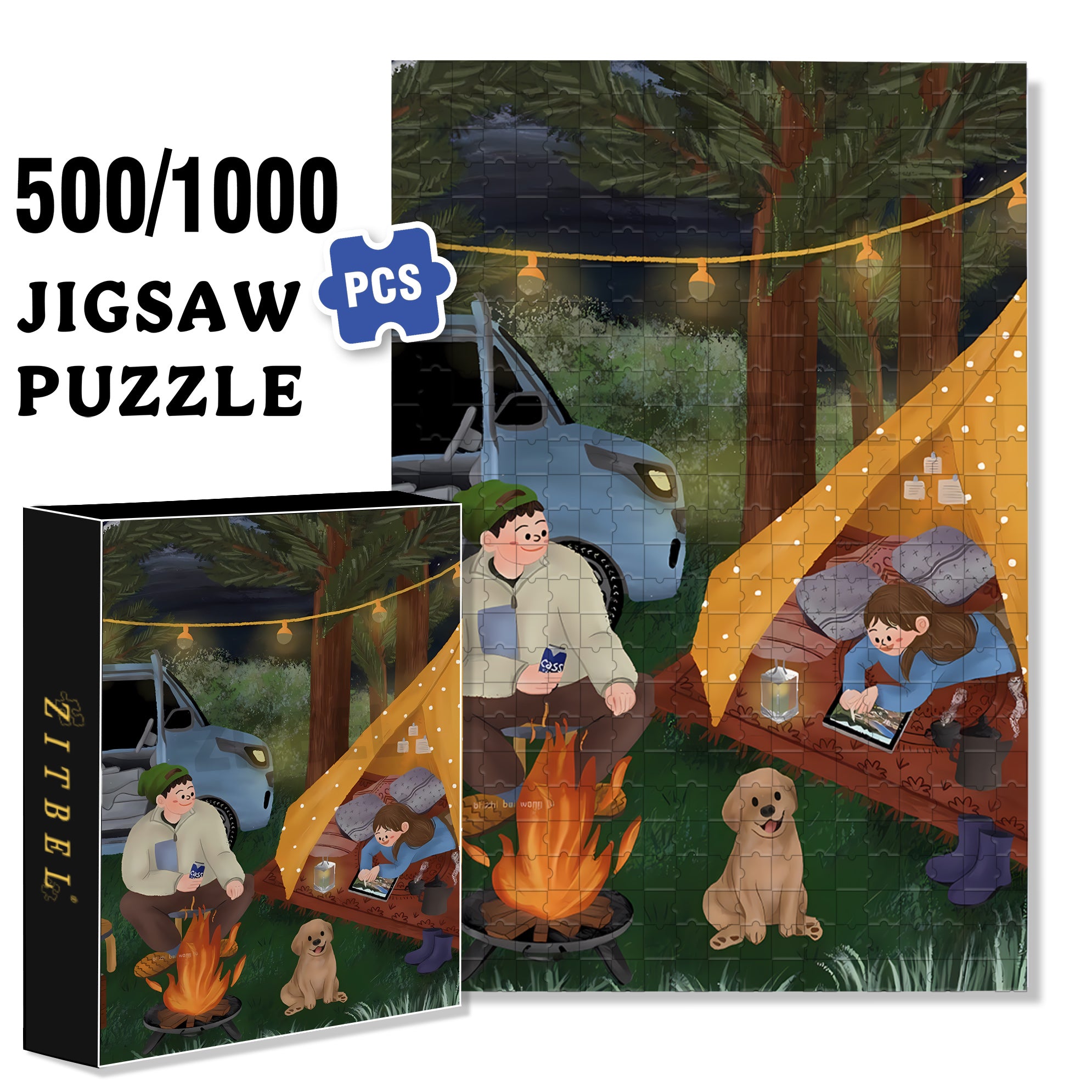 Romantic Camping Night 500pcs/1000pcs Jigsaw Puzzle, Scratch-Resistant, Interactive Family Game & Brain-Boosting DIY Decor, Perfect for Halloween, Christmas & New Year Gifts, Family Puzzle Game