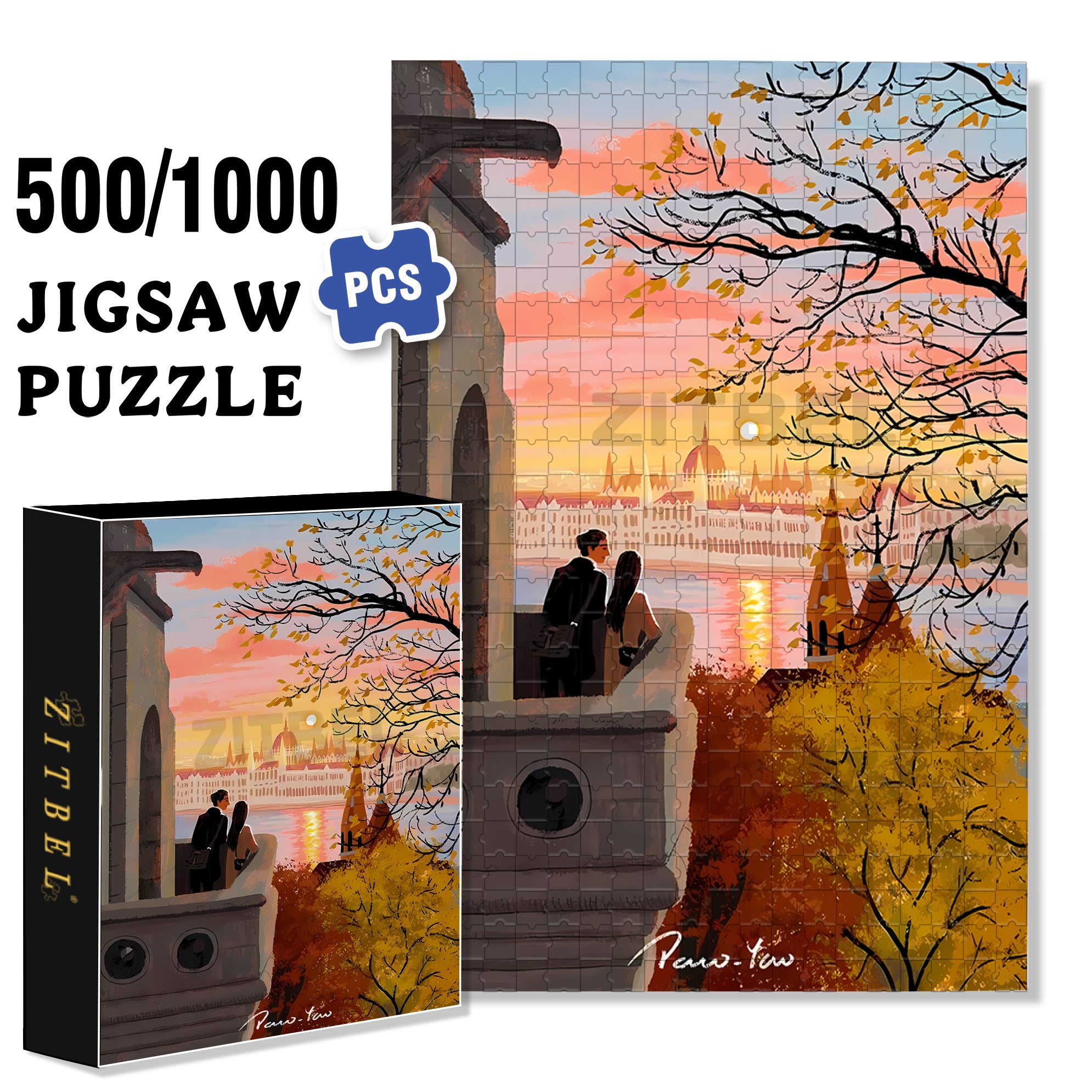 Romantic Sunset 500pcs/1000pcs Jigsaw Puzzle, Scratch-Resistant, Interactive Family Game & Brain-Boosting DIY Decor, Perfect for Halloween, Christmas & New Year Gifts, Family Puzzle Game