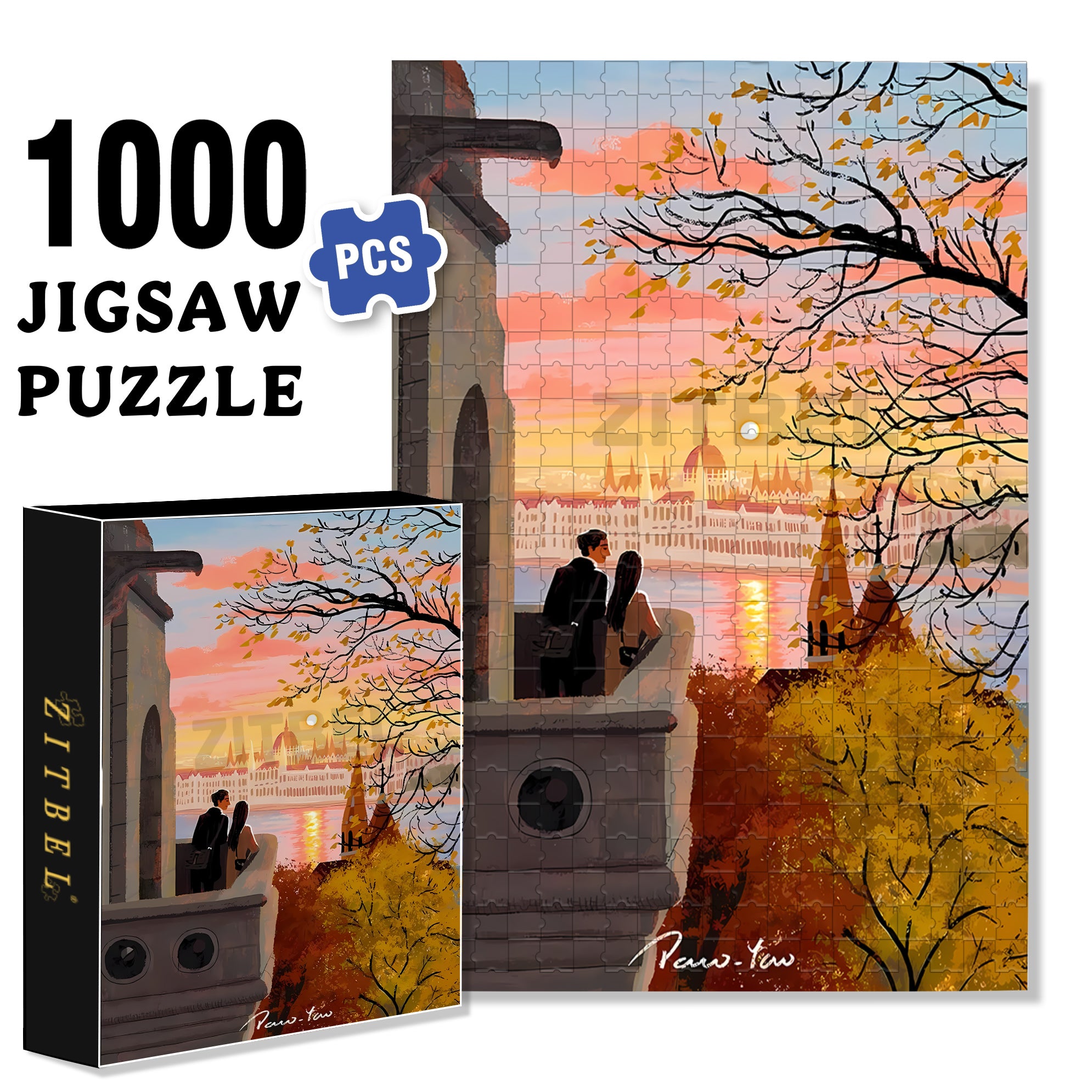 Romantic Sunset 500pcs/1000pcs Jigsaw Puzzle, Scratch-Resistant, Interactive Family Game & Brain-Boosting DIY Decor, Perfect for Halloween, Christmas & New Year Gifts, Family Puzzle Game