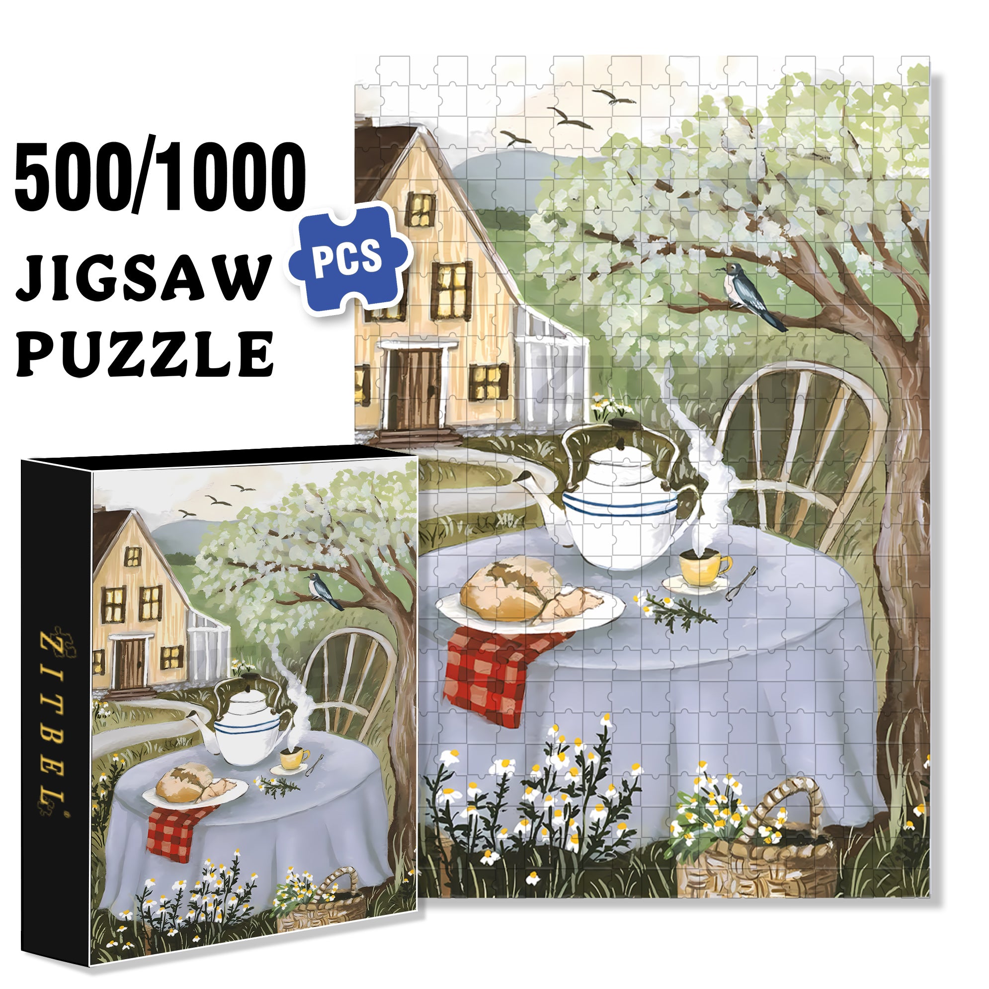 Chamomile Tea 500pcs/1000pcs Jigsaw Puzzle, Scratch-Resistant, Interactive Family Game & Brain-Boosting DIY Decor, Perfect for Halloween, Christmas & New Year Gifts, Family Puzzle Game