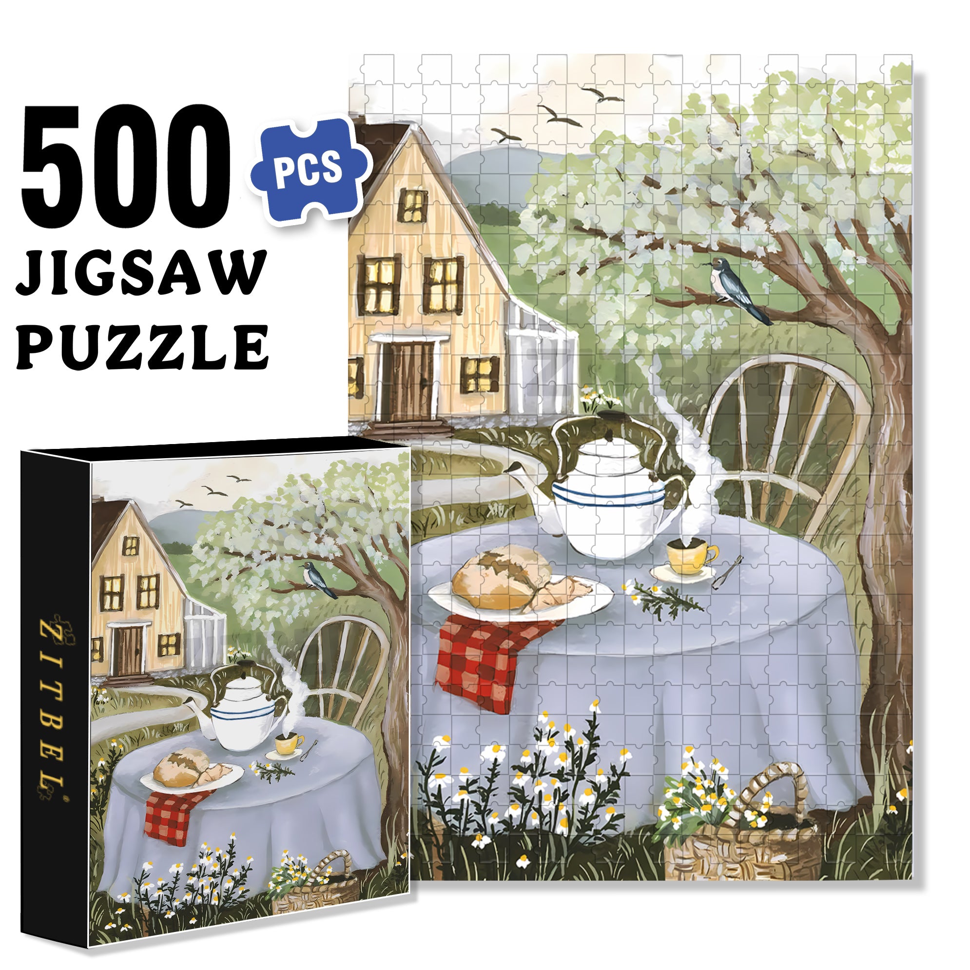 Chamomile Tea 500pcs/1000pcs Jigsaw Puzzle, Scratch-Resistant, Interactive Family Game & Brain-Boosting DIY Decor, Perfect for Halloween, Christmas & New Year Gifts, Family Puzzle Game
