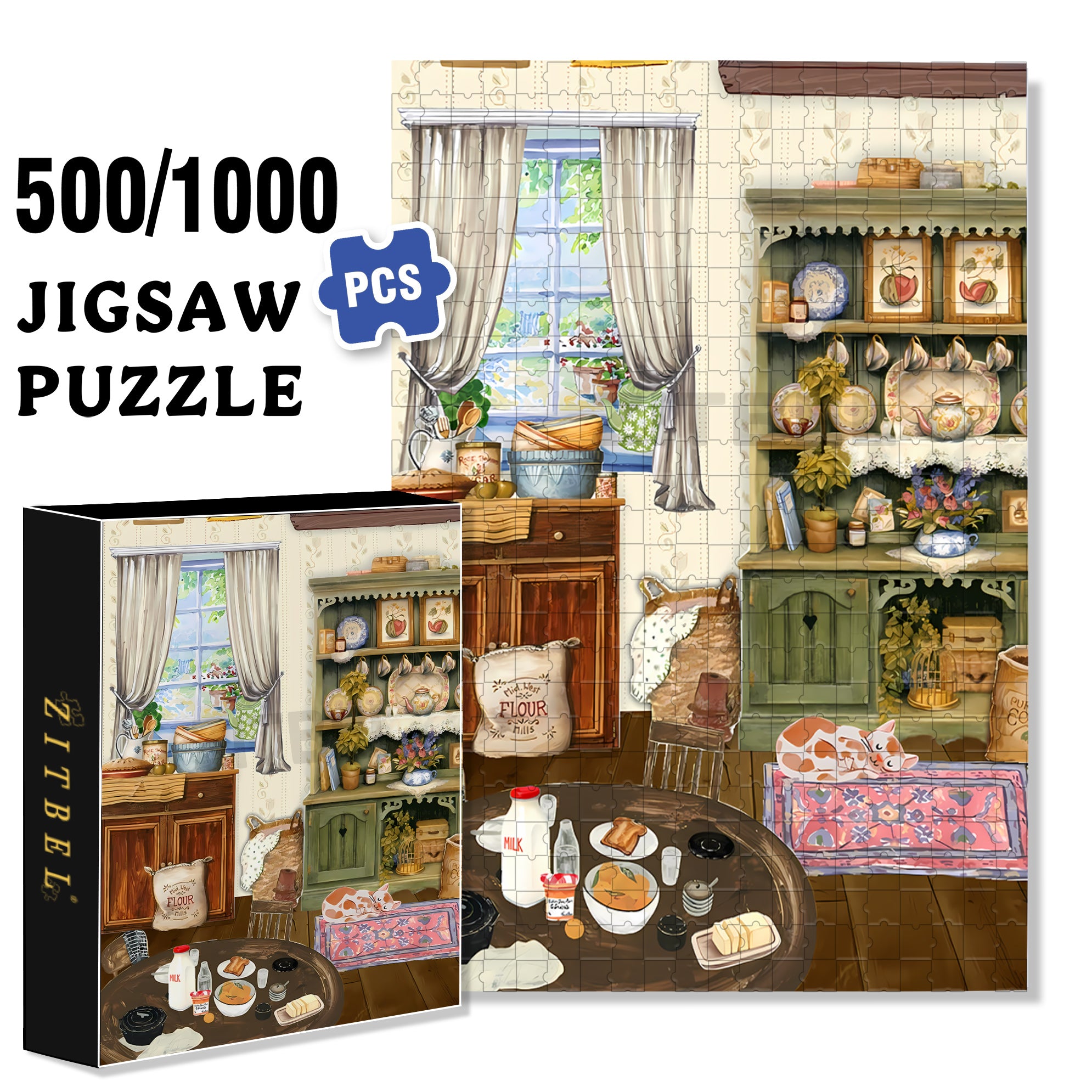 Cutie Little Kitchen 500pcs/1000pcs Jigsaw Puzzle, Scratch-Resistant, Interactive Family Game & Brain-Boosting DIY Decor, Perfect for Halloween, Christmas & New Year Gifts, Family Puzzle Game