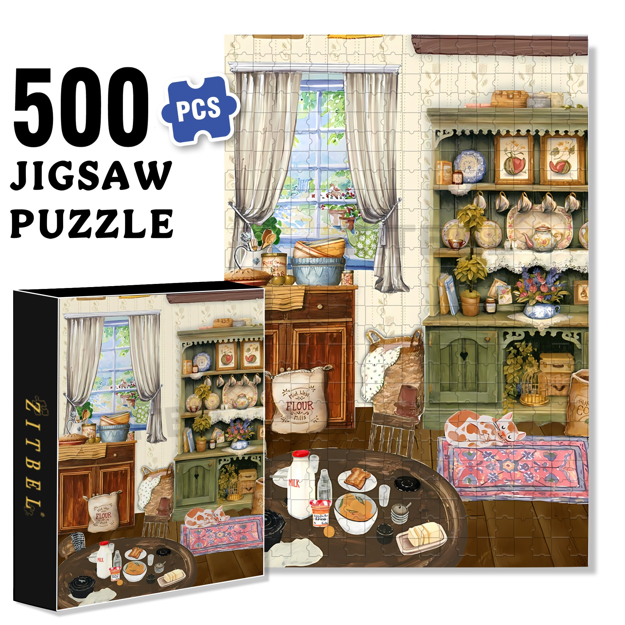Cutie Little Kitchen 500pcs/1000pcs Jigsaw Puzzle, Scratch-Resistant, Interactive Family Game & Brain-Boosting DIY Decor, Perfect for Halloween, Christmas & New Year Gifts, Family Puzzle Game