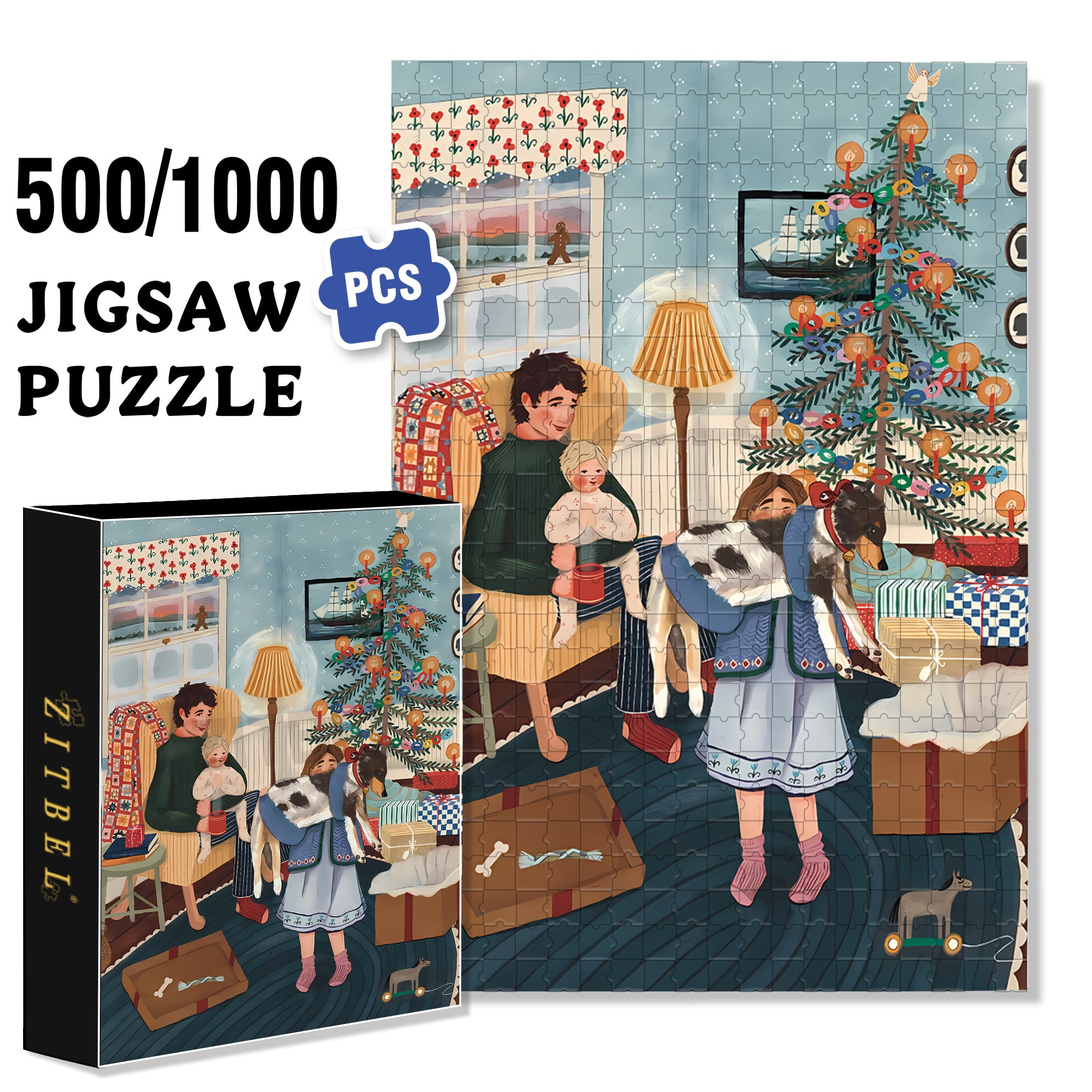 Family on Christmas Morning 500pcs/1000pcs Jigsaw Puzzle, Scratch-Resistant, Interactive Family Game & Brain-Boosting DIY Decor, Perfect for Halloween, Christmas & New Year Gifts, Family Puzzle Game
