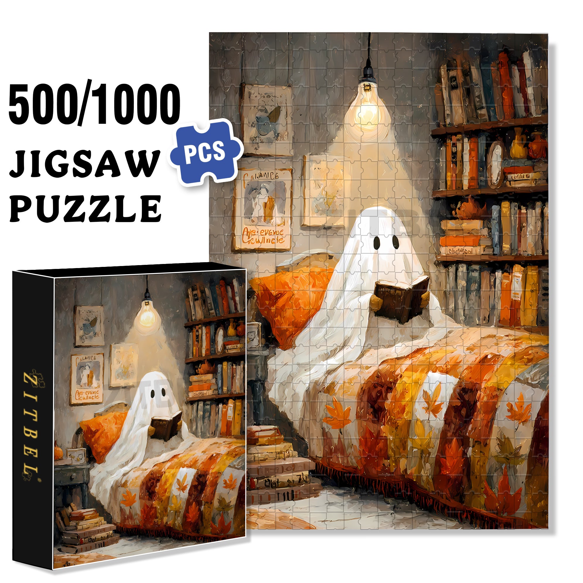 Ghosts Also Need To Read 500pcs/1000pcs Jigsaw Puzzle, Scratch-Resistant, Interactive Family Game & Brain-Boosting DIY Decor, Perfect for Halloween, Christmas & New Year Gifts, Family Puzzle Game