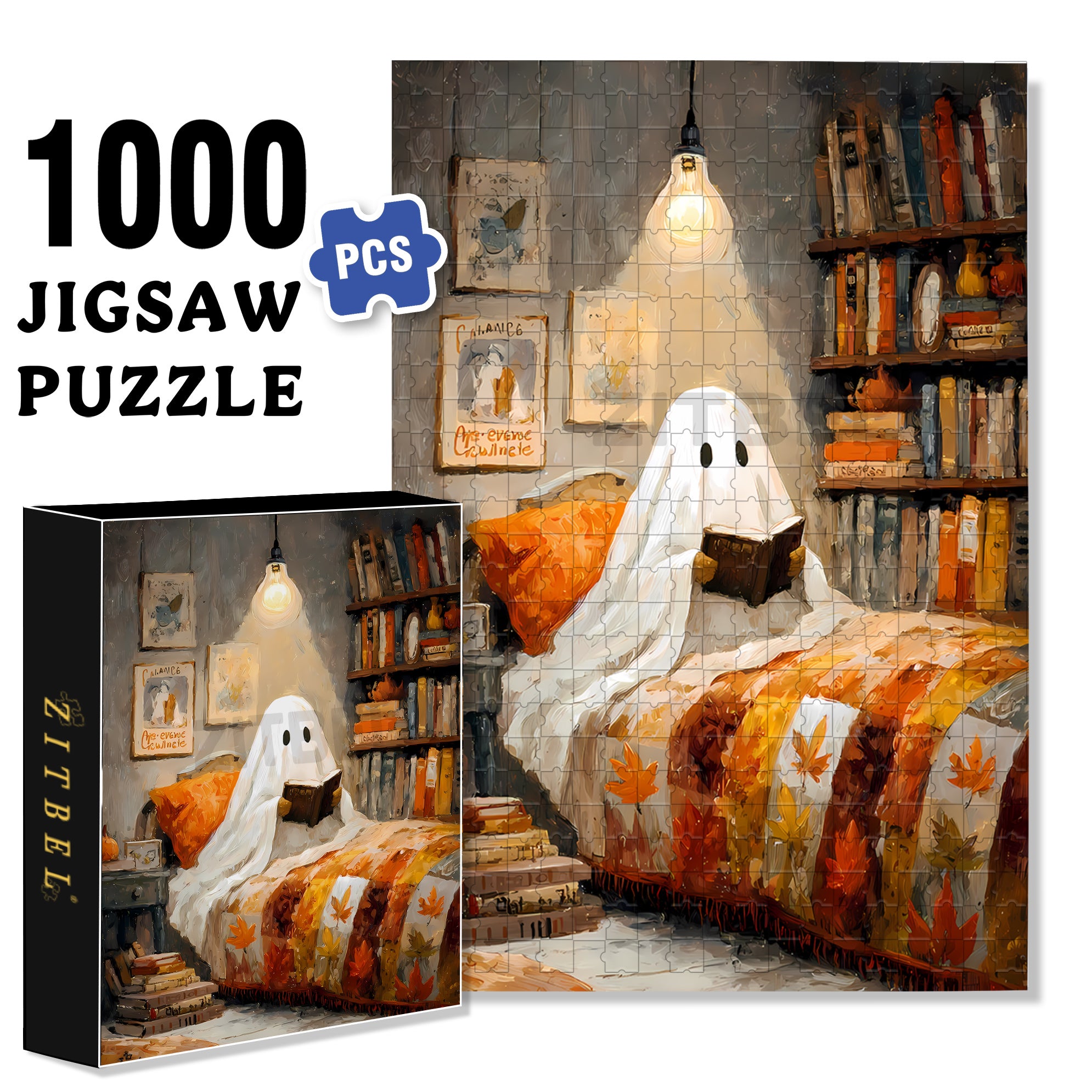 Ghosts Also Need To Read 500pcs/1000pcs Jigsaw Puzzle, Scratch-Resistant, Interactive Family Game & Brain-Boosting DIY Decor, Perfect for Halloween, Christmas & New Year Gifts, Family Puzzle Game