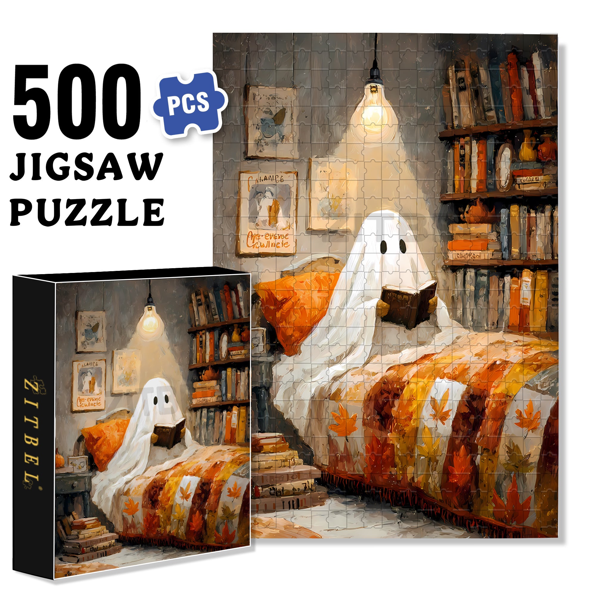 Ghosts Also Need To Read 500pcs/1000pcs Jigsaw Puzzle, Scratch-Resistant, Interactive Family Game & Brain-Boosting DIY Decor, Perfect for Halloween, Christmas & New Year Gifts, Family Puzzle Game