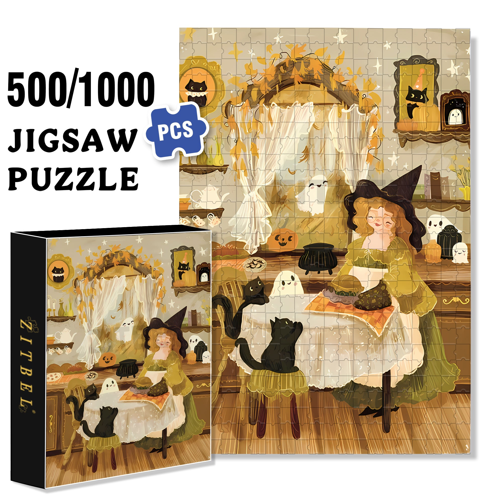 Halloween Baking Witch 500pcs/1000pcs Jigsaw Puzzle, Scratch-Resistant, Interactive Family Game & Brain-Boosting DIY Decor, Perfect for Halloween, Christmas & New Year Gifts, Family Puzzle Game