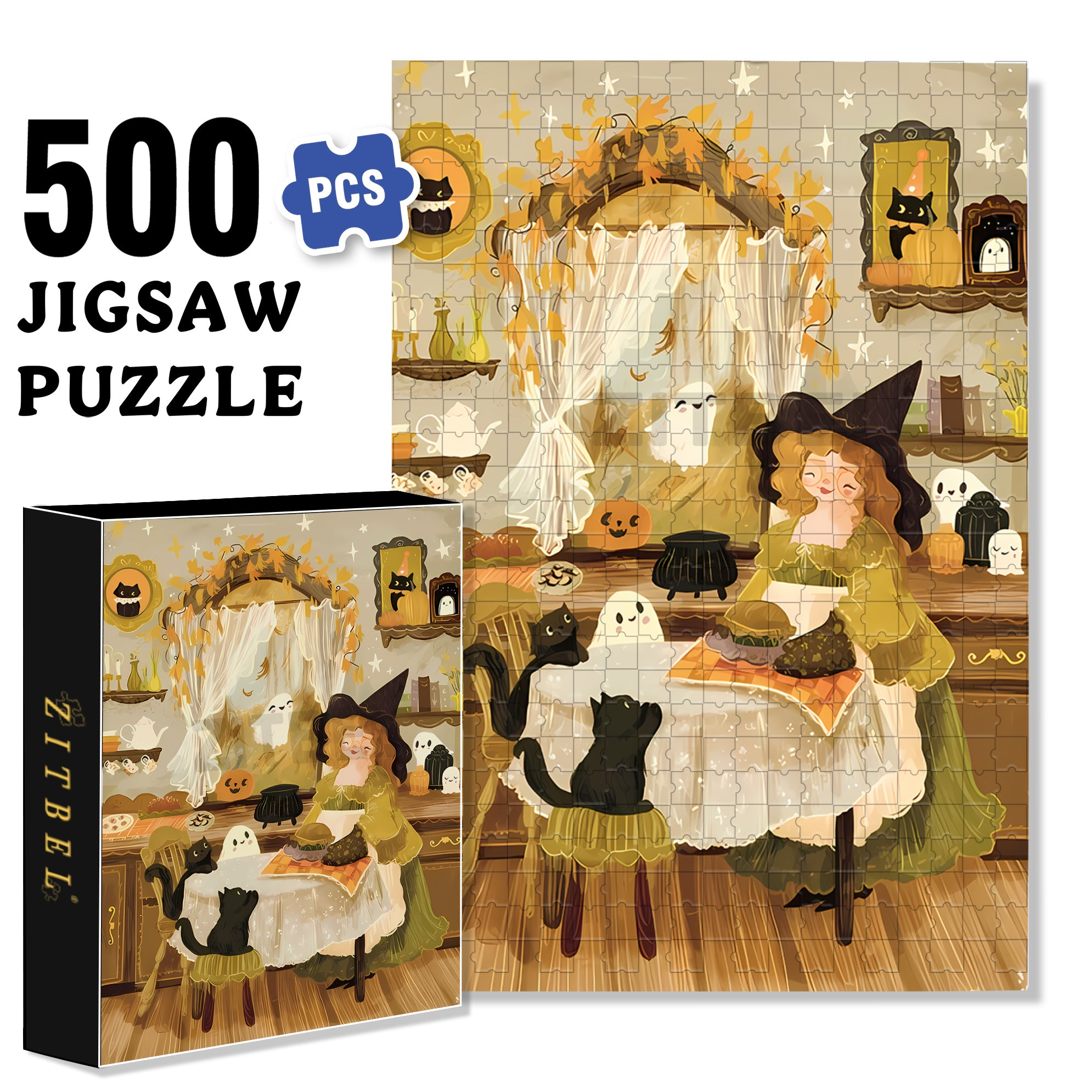 Halloween Baking Witch 500pcs/1000pcs Jigsaw Puzzle, Scratch-Resistant, Interactive Family Game & Brain-Boosting DIY Decor, Perfect for Halloween, Christmas & New Year Gifts, Family Puzzle Game