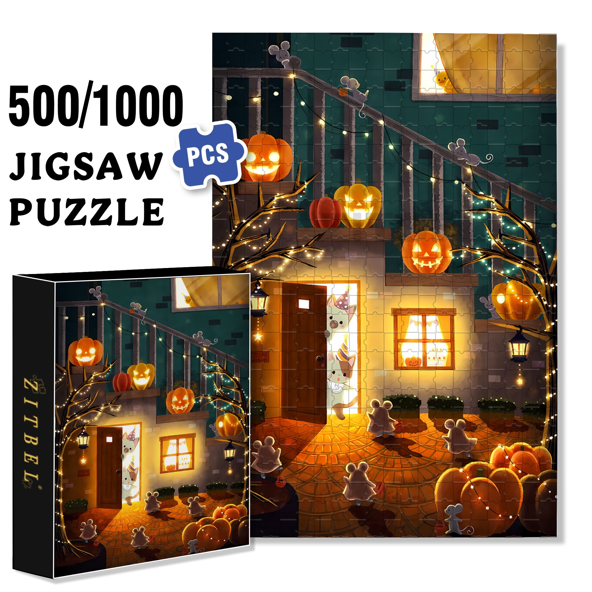 Horror Night 500pcs/1000pcs Jigsaw Puzzle, Scratch-Resistant, Interactive Family Game & Brain-Boosting DIY Decor, Perfect for Halloween, Christmas & New Year Gifts, Family Puzzle Game