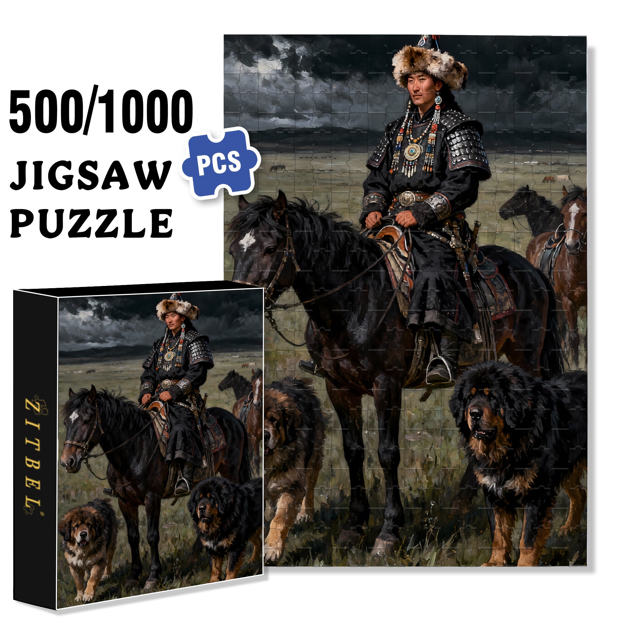 Mongolian Hunk 500pcs/1000pcs Jigsaw Puzzle, Scratch-Resistant, Interactive Family Game & Brain-Boosting DIY Decor, Perfect for Halloween, Christmas & New Year Gifts, Family Puzzle Game