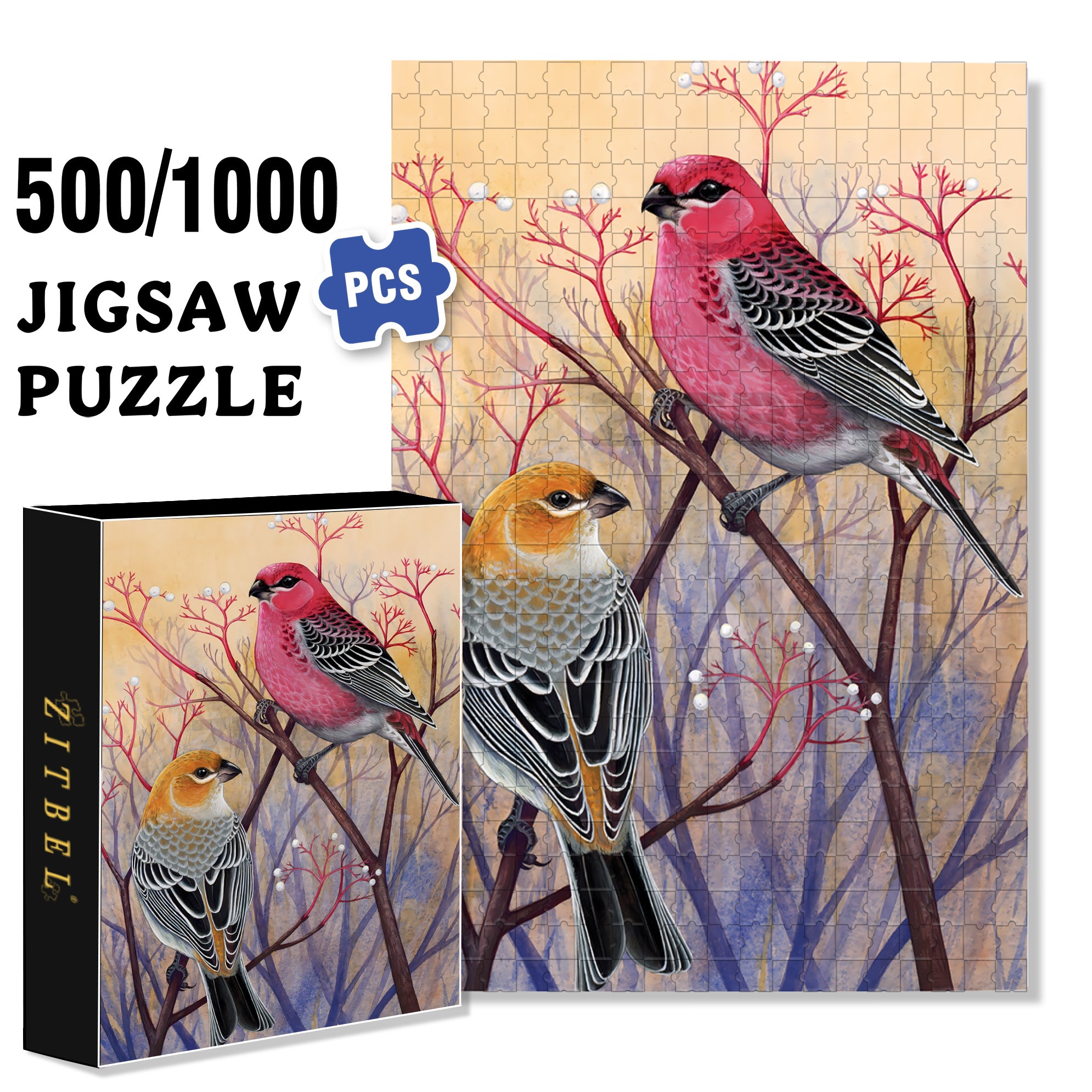 Pine Grosbeaks 500pcs/1000pcs Jigsaw Puzzle, Scratch-Resistant, Interactive Family Game & Brain-Boosting DIY Decor, Perfect for Halloween, Christmas & New Year Gifts, Family Puzzle Game