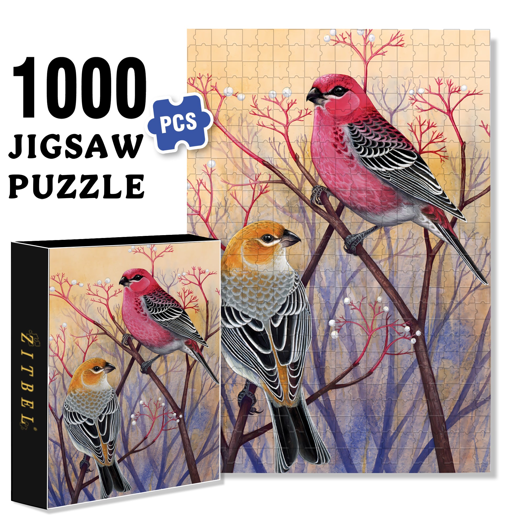 Pine Grosbeaks 500pcs/1000pcs Jigsaw Puzzle, Scratch-Resistant, Interactive Family Game & Brain-Boosting DIY Decor, Perfect for Halloween, Christmas & New Year Gifts, Family Puzzle Game