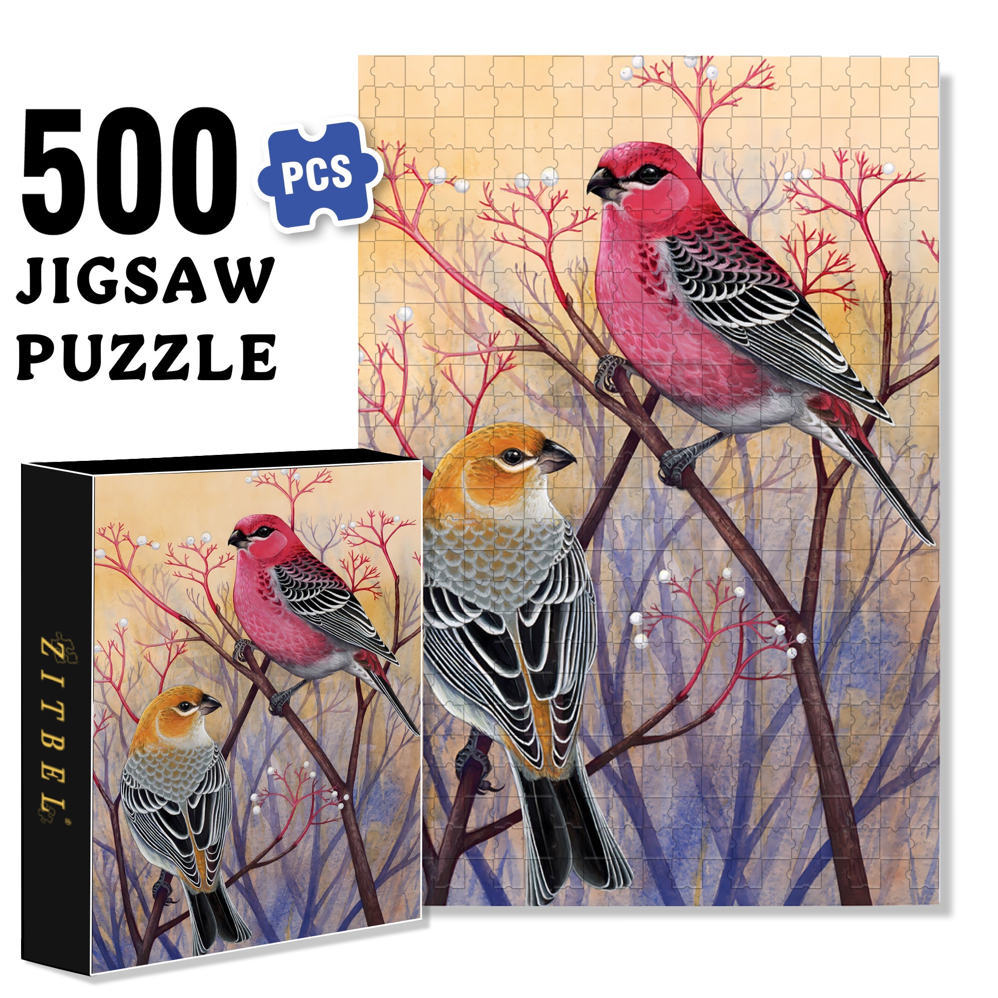 Pine Grosbeaks 500pcs/1000pcs Jigsaw Puzzle, Scratch-Resistant, Interactive Family Game & Brain-Boosting DIY Decor, Perfect for Halloween, Christmas & New Year Gifts, Family Puzzle Game
