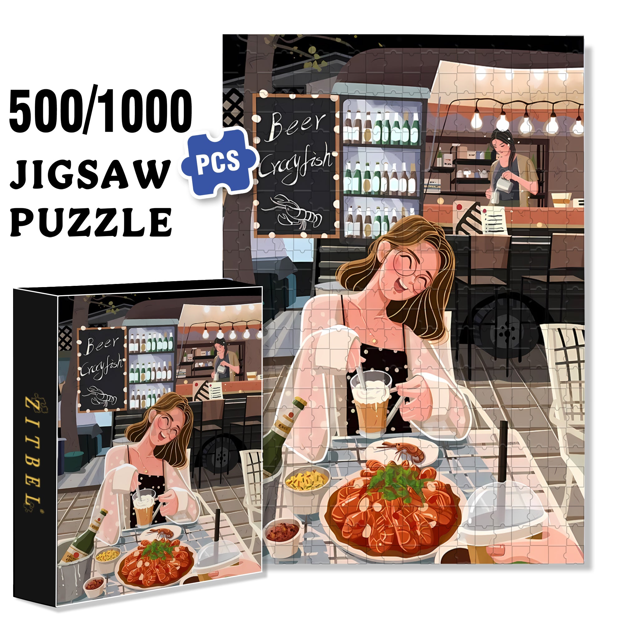 Beer Crayfish 500pcs/1000pcs Jigsaw Puzzle, Scratch-Resistant, Interactive Family Game & Brain-Boosting DIY Decor, Perfect for Halloween, Christmas & New Year Gifts, Family Puzzle Game