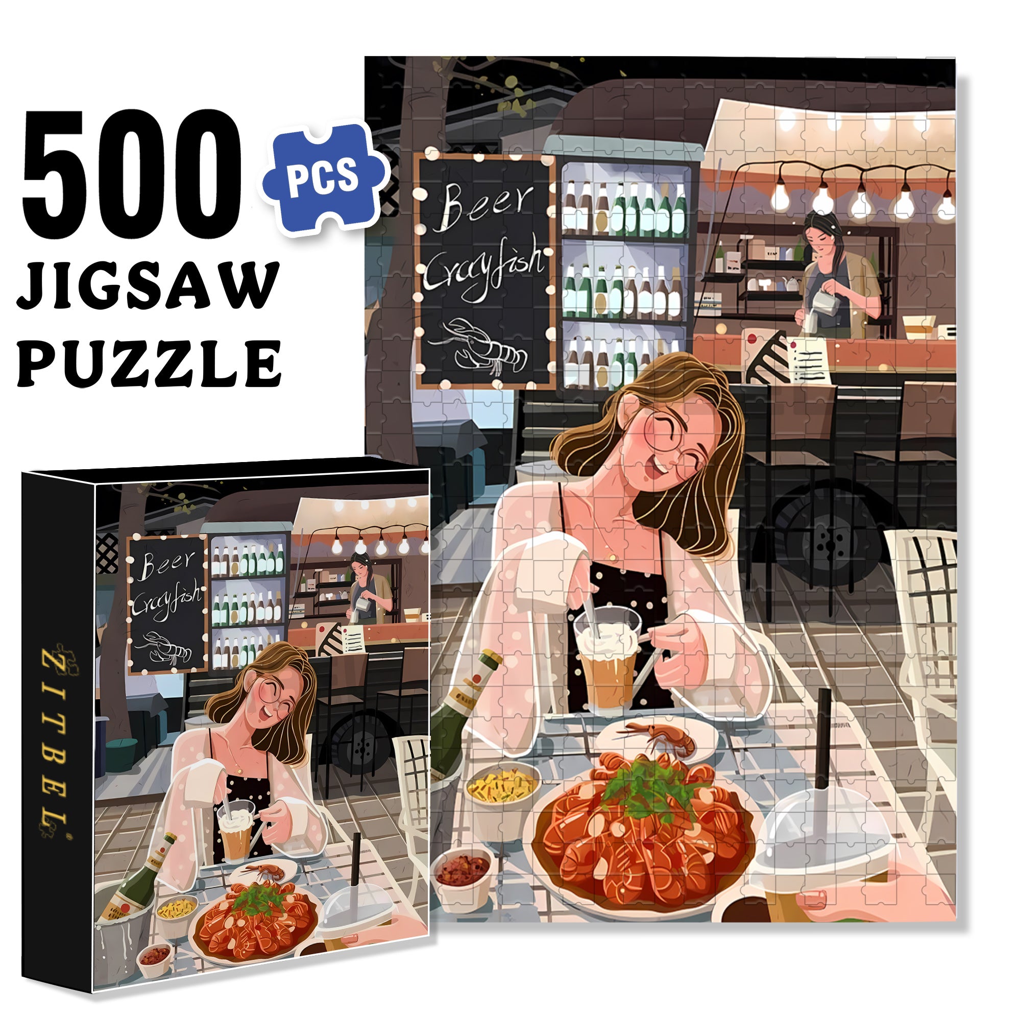 Beer Crayfish 500pcs/1000pcs Jigsaw Puzzle, Scratch-Resistant, Interactive Family Game & Brain-Boosting DIY Decor, Perfect for Halloween, Christmas & New Year Gifts, Family Puzzle Game