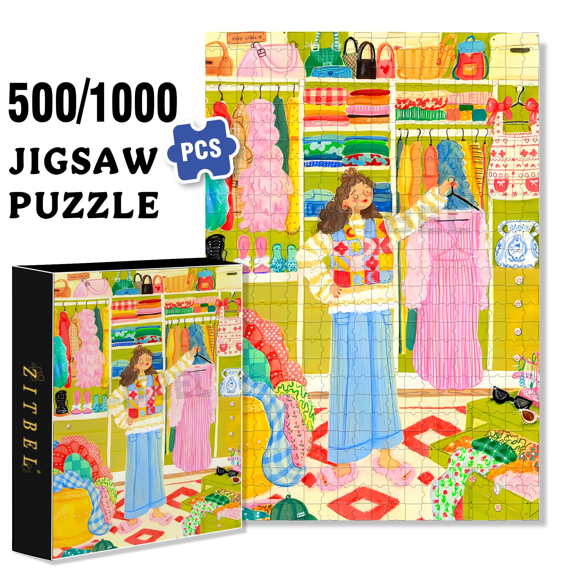Mia's Dressing Room 500pcs/1000pcs Jigsaw Puzzle, Scratch-Resistant, Interactive Family Game & Brain-Boosting DIY Decor, Perfect for Halloween, Christmas & New Year Gifts, Family Puzzle Game