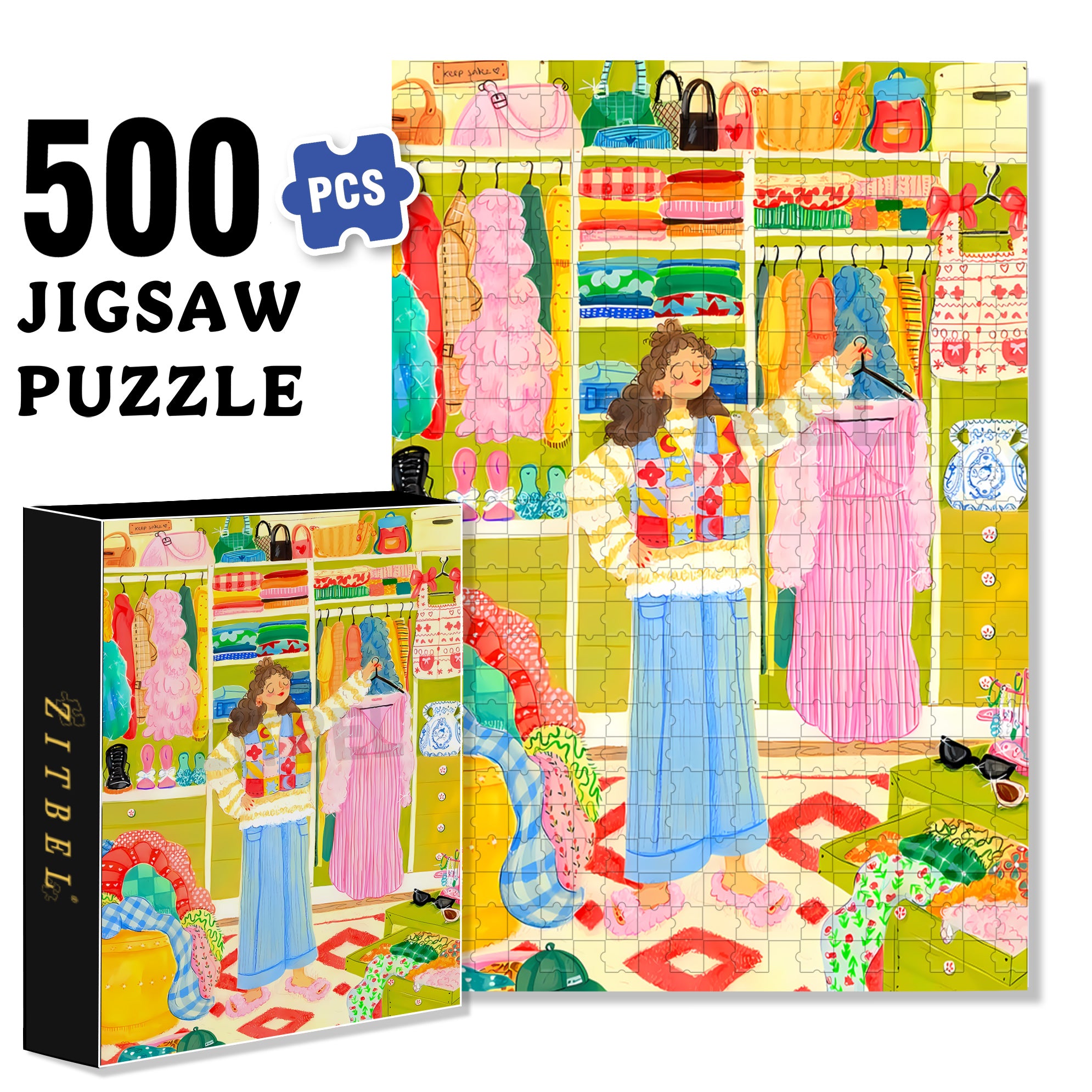 Mia's Dressing Room 500pcs/1000pcs Jigsaw Puzzle, Scratch-Resistant, Interactive Family Game & Brain-Boosting DIY Decor, Perfect for Halloween, Christmas & New Year Gifts, Family Puzzle Game